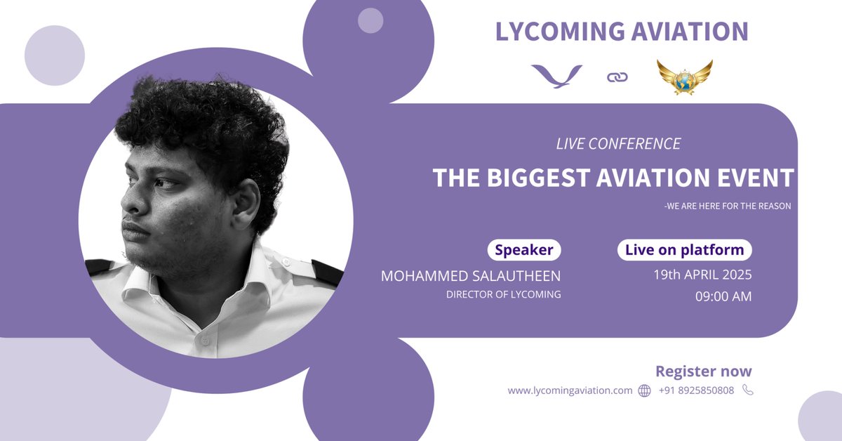 LycomingATR's tweet photo. “Join us for the Biggest Aviation Event of the Year!
Live with Mohammed Salautheen, Director of Lycoming Aviation, on April 19th at 9:00 AM.
Don’t miss this exclusive session packed with insights, inspiration, and opportunities in aviation!” https://t.co/975vvamwxv