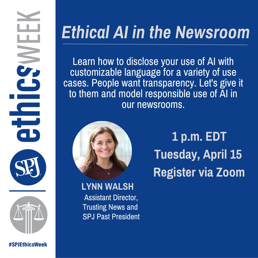 Society of Professional Journalists (@spj_tweets) on Twitter photo AI is transforming journalism, and audiences are calling for transparency. Join SPJ and <a href="/TrustingNews/">Trusting News</a> for this #SPJEthicsWeek webinar on how to ethically use AI in your newsroom.
Register for the webinar at 1 p.m. EDT Tuesday via Zoom: us02web.zoom.us/webinar/regist… AI is transforming journalism, and audiences are calling for transparency. Join SPJ and <a href="/TrustingNews/">Trusting News</a> for this #SPJEthicsWeek webinar on how to ethically use AI in your newsroom.
Register for the webinar at 1 p.m. EDT Tuesday via Zoom: us02web.zoom.us/webinar/regist…