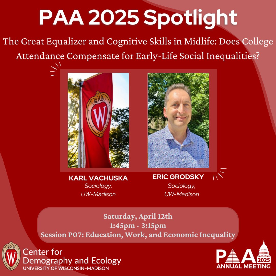 UW-Madison CDE (@uw_cde) on Twitter photo 🌟<a href="/KarlVachuska/">Karl Vachuska</a> & <a href="/EricGrodsky/">Eric Grodsky</a> will be presenting "The Great Equalizer and Cognitive Skills in Midlife: Does College Attendance Compensate for Early-Life Social Inequalities?" at #PAA2025 <a href="/PopAssocAmerica/">PAA</a> on Saturday, April 12th. Be sure to attend! 🌟<a href="/KarlVachuska/">Karl Vachuska</a> & <a href="/EricGrodsky/">Eric Grodsky</a> will be presenting "The Great Equalizer and Cognitive Skills in Midlife: Does College Attendance Compensate for Early-Life Social Inequalities?" at #PAA2025 <a href="/PopAssocAmerica/">PAA</a> on Saturday, April 12th. Be sure to attend!