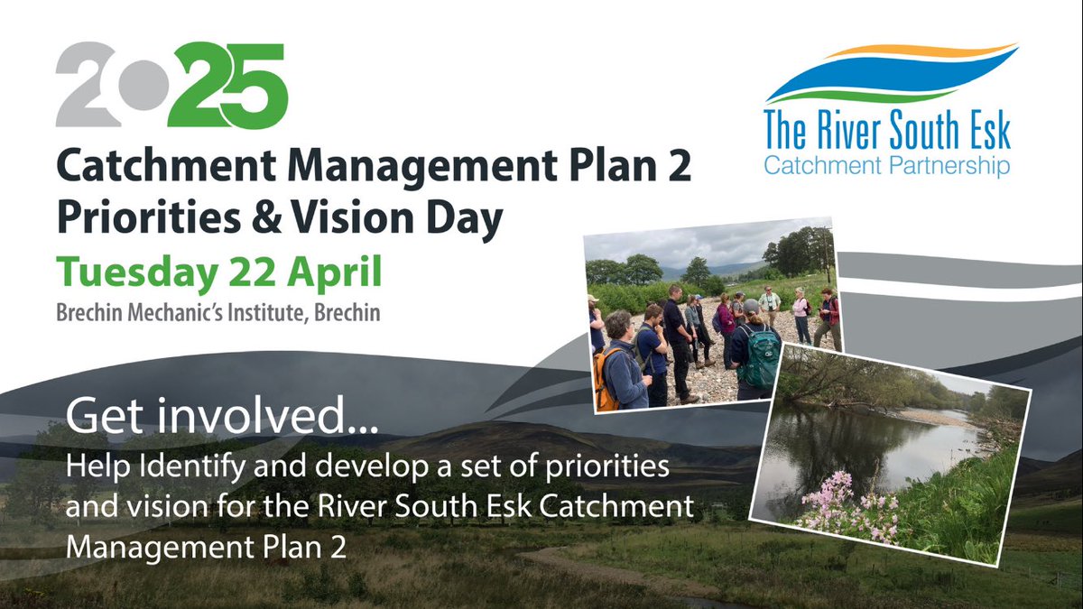 Get involved…We’re holding a vision &amp; priorities workshop &amp; drop in on 22nd April at Brechin Mechanics Institute, this will help shape the Partnerships’ new 10-year catchment plan.

Eventbrite tics at bit.ly/3FSnch9 

Hope to see you there!
#riversouthesk #Angus #rivers