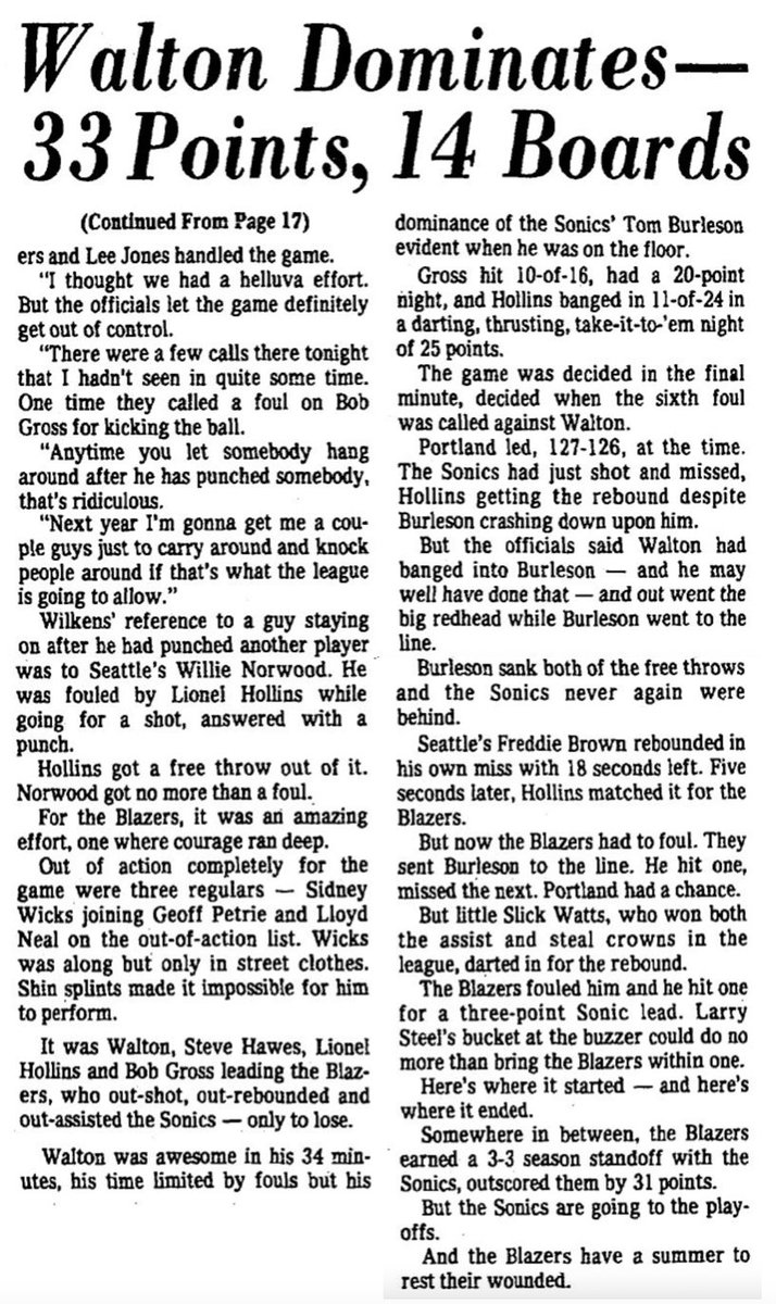 77Blazers's tweet photo. April 11, 1976 - The @trailblazers closed out their sixth season with a road loss to the @SeattleSonics.

#BillWalton led the #Blazers with 33 points while rookie @LionelHollins14 finished with a then career-best 25 points. Fellow rookie #BobbyGross added 20 points with #LarrySteele adding 9 points and tying Hollins with 8 assists.

The foursome, and #LloydNeal who did not play due to an achilles issue, would be the only players to return for the following season. 

Playing in their final @NBA games were #DannyAnderson, #BarryClemens, #SteveJones, #LaRueMartin. All would be released prior to the conclusion of the 1976/77 training camp though #SteveHawes, who scored 15 points and grabbed 15 rebounds, would be traded to the @ATLHawks in August. He played another 8 years in the #NBA.

#GeoffPetrie and #SidneyWicks each missed the game, Petrie with a knee injury and Wicks due to shin-splints after recently being in a car accident. The two players, who have scored 9,732 and 8,882 points, would both be traded during the summer.

#RipCity #ThisDateinBlazersHistory #OTD