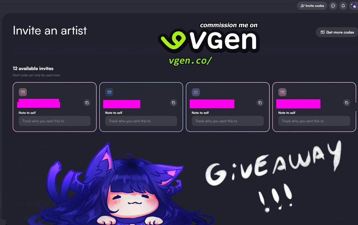#VGENCODE GIVEAWAY!  
I'm giving away 5 invite codes!  

to enter:  
✿  ♡︎/⟳  and follow
✿ Reply with your art and portfolio
✿ No AI &amp; traced artworks!!!

the winner will be not chosen randomly i will analyse who deserve this codes and looks more trusted to avoid scams!