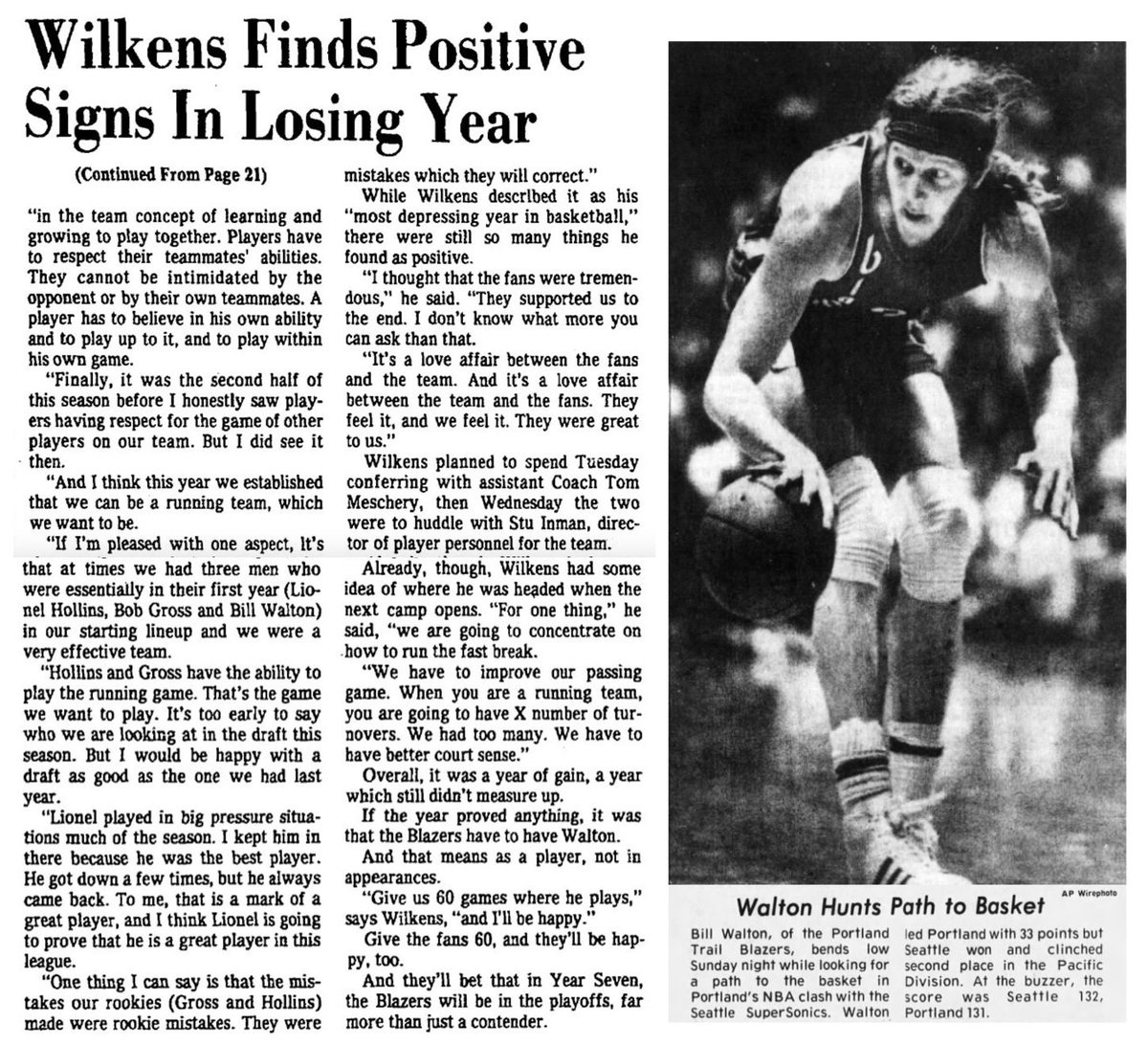 77Blazers's tweet photo. April 11, 1976 - The @trailblazers closed out their sixth season with a road loss to the @SeattleSonics.

#BillWalton led the #Blazers with 33 points while rookie @LionelHollins14 finished with a then career-best 25 points. Fellow rookie #BobbyGross added 20 points with #LarrySteele adding 9 points and tying Hollins with 8 assists.

The foursome, and #LloydNeal who did not play due to an achilles issue, would be the only players to return for the following season. 

Playing in their final @NBA games were #DannyAnderson, #BarryClemens, #SteveJones, #LaRueMartin. All would be released prior to the conclusion of the 1976/77 training camp though #SteveHawes, who scored 15 points and grabbed 15 rebounds, would be traded to the @ATLHawks in August. He played another 8 years in the #NBA.

#GeoffPetrie and #SidneyWicks each missed the game, Petrie with a knee injury and Wicks due to shin-splints after recently being in a car accident. The two players, who have scored 9,732 and 8,882 points, would both be traded during the summer.

#RipCity #ThisDateinBlazersHistory #OTD