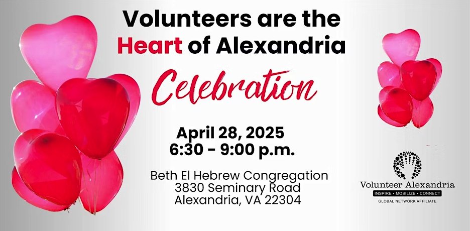 Tickets are available for the Volunteers are the Heart of Alexandria celebration on April 28th at Beth El Hebrew Congregation. We are excited to share that this event will highlight the contributions of three outstanding ALIVE! volunteers.
More at: eventbrite.com/e/volunteers-a…
