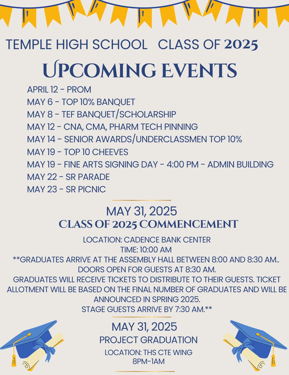 As we inch closer to the end of the school year, please take note of these important dates for the Class of 2025!! If you have any additional questions, please contact the front office.