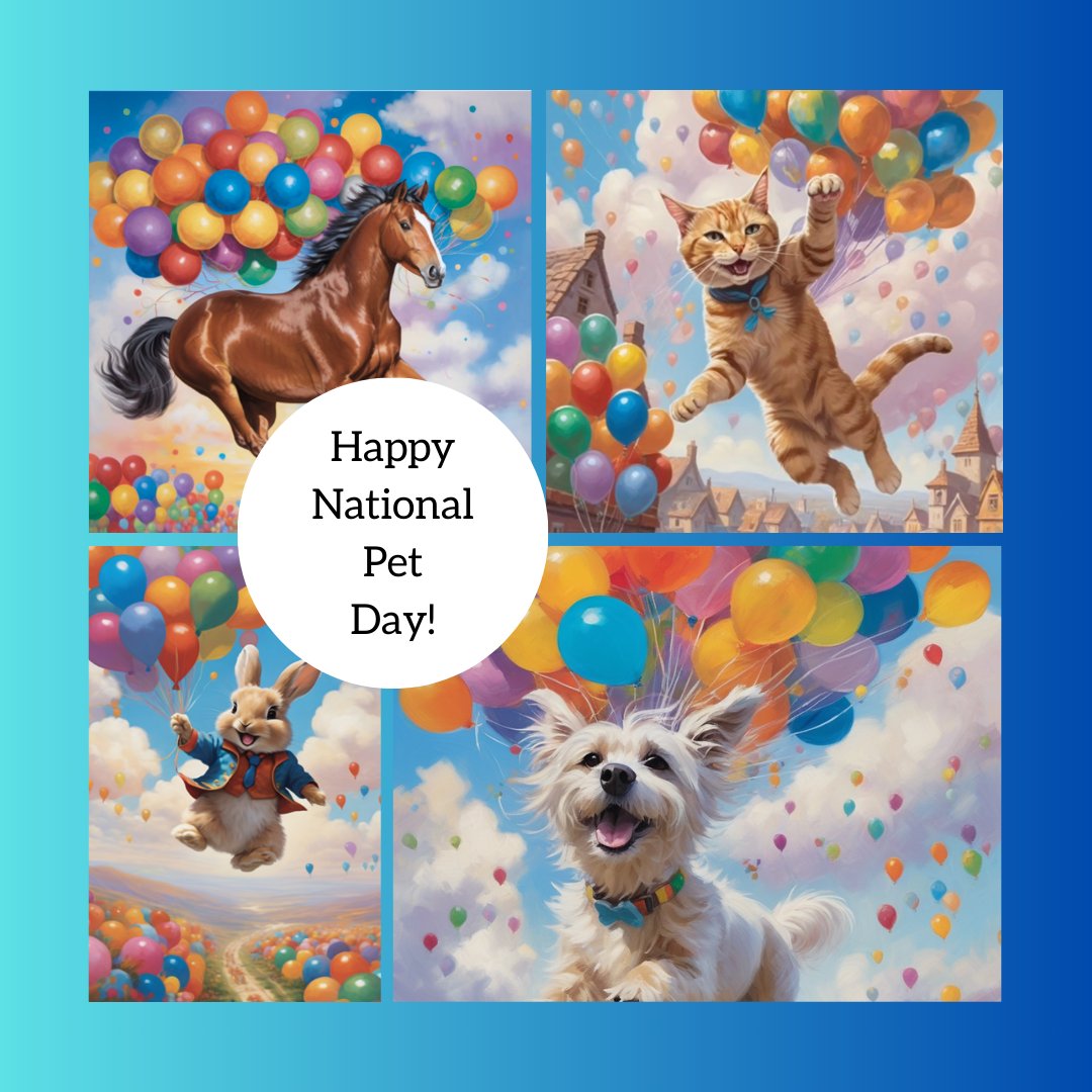 pugmugai's tweet photo. Happy National Pet Day! 🐕🐈🐇🦎

What will you be doing with your furry (and/or scaly) friends today to celebrate? 🎂

Featured: PugMug's Balloons style: https://t.co/bNs7c5rBmB

#pugmugai #nationalpetday #petart #celebratingpets https://t.co/hdbFHboscM