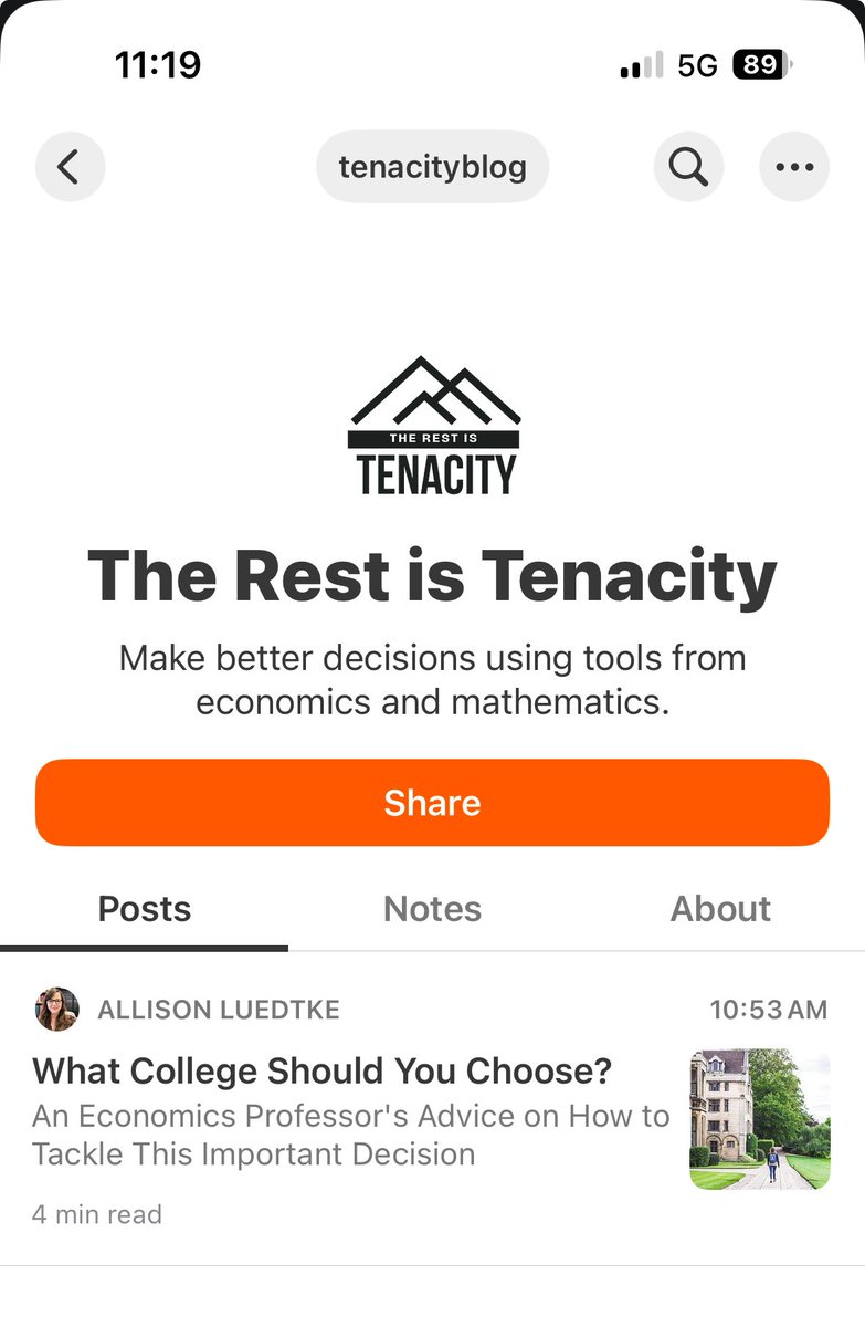 If I have Malcolm Gladwell’s 10,000 hours in anything it’s probably yapping about decision making. College decisions. Grad school decisions. Job decisions. Where to park at work. Etc.

So I made a blog about this!

Come hang out!

open.substack.com/pub/tenacitybl…