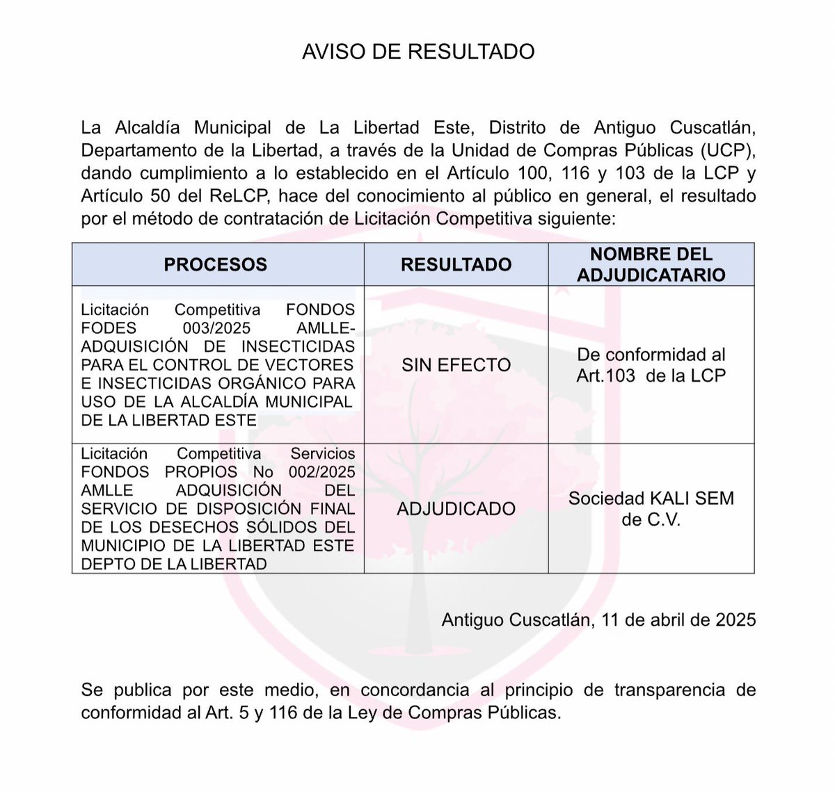 📣#Informamos
Aviso de resultados en compras públicas del #DistritoAntiguoCuscatlán.
.
#LaLibertadEste #UnidadComprasPúblicas