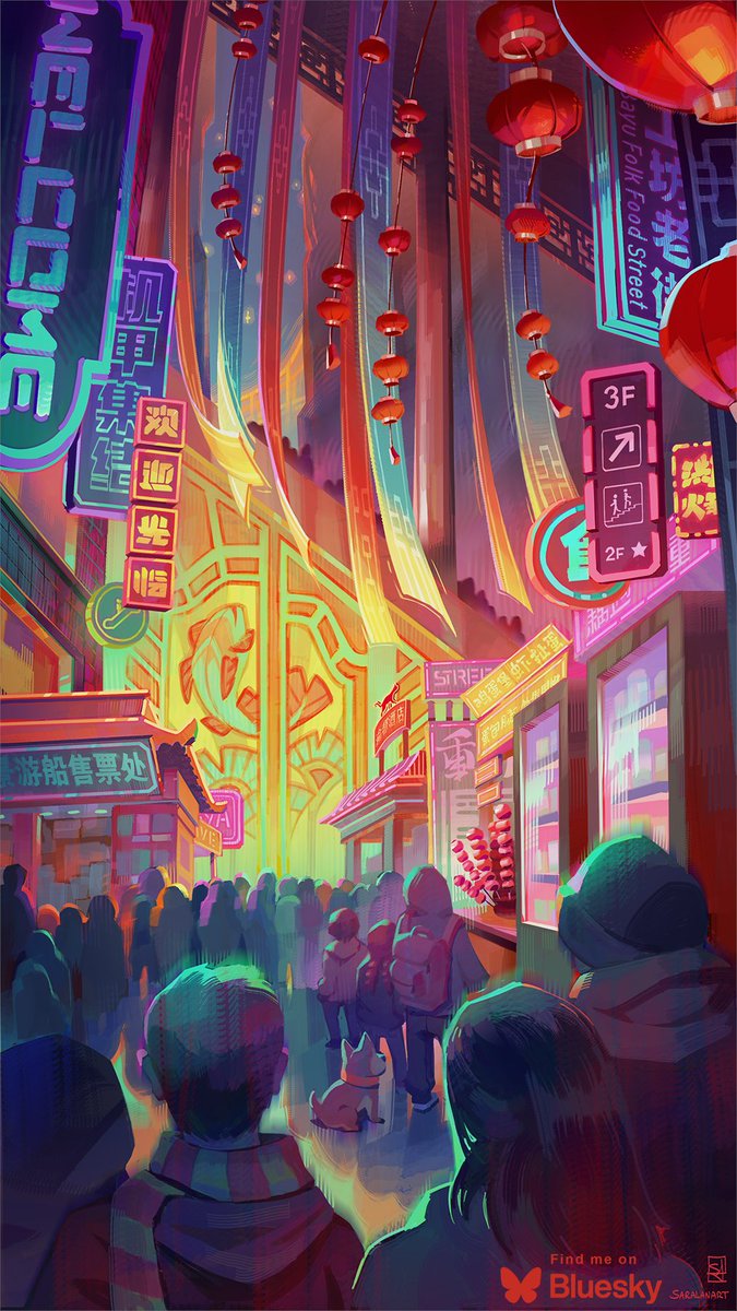 My piece for <a href="/StreetsOfZine/">StreetsOfZine</a> Ascent: Night Market! Inspired by a photowalk video through Hongya Cave in Chongqing - there was so much to look at in the video I tried to squeeze all my favorite aspects into one illustration! Most importantly the colors 💛