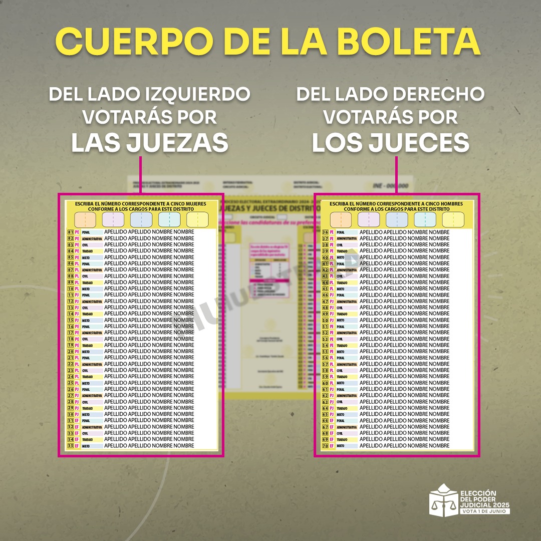 INEMexico's tweet photo. #ABCpoderJudicialMX ¿Cómo votar por Juezas y Jueces de distrito?

🔹 Ubica las listas de candidaturas: mujeres a la izquierda, hombres a la derecha.
🔹 Identifica los números de quienes quieres elegir.
🔹 Anótalos en los recuadros con dos dígitos (ej. 01, 02, 03).

#VotaPoderJudicial2025mx