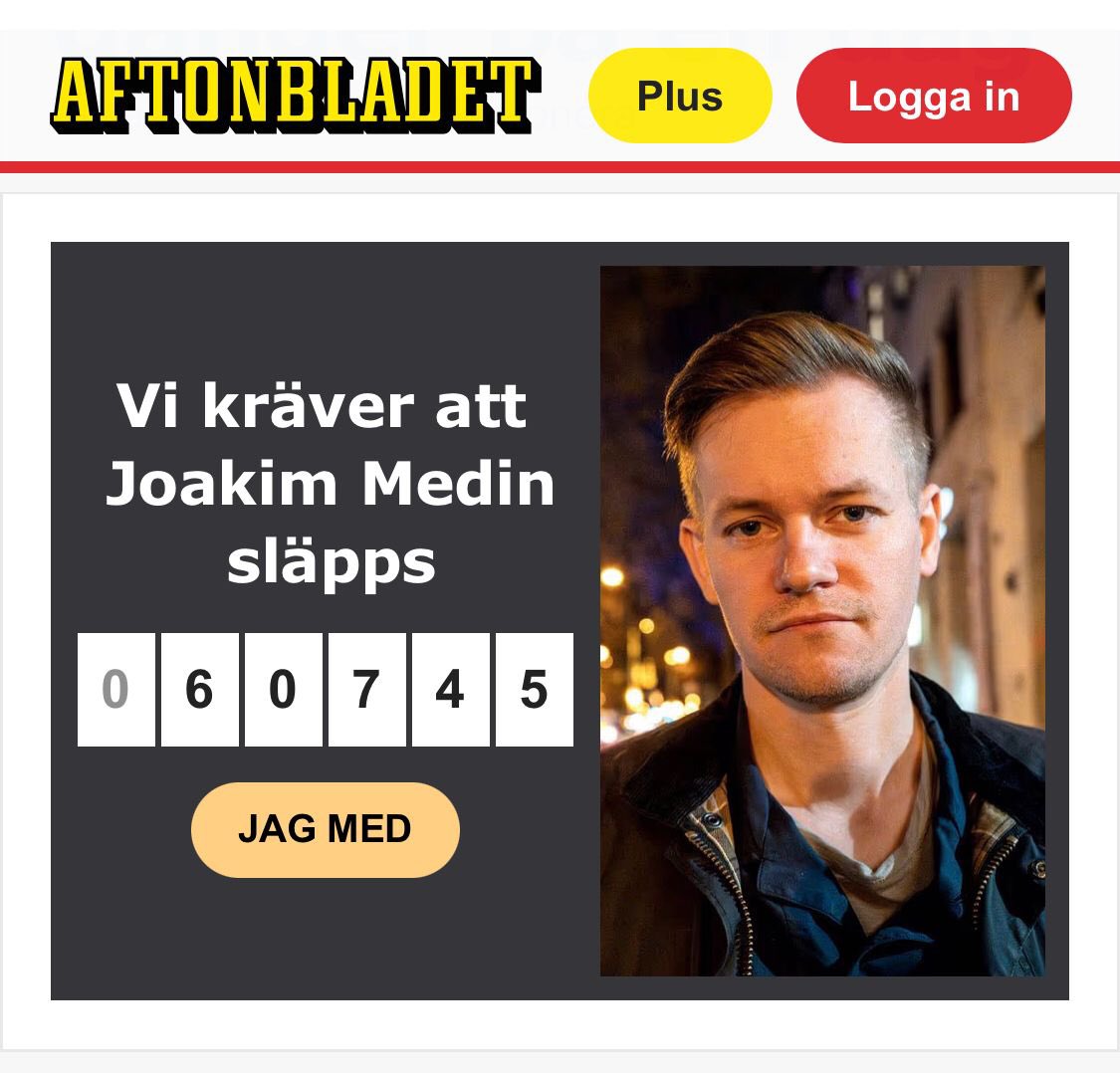 Vänner gå in på Aftonbladet och tryck på ”JAG MED” för att delta i kampanjen om att du också kräver att Joakim Medin ska släppas!