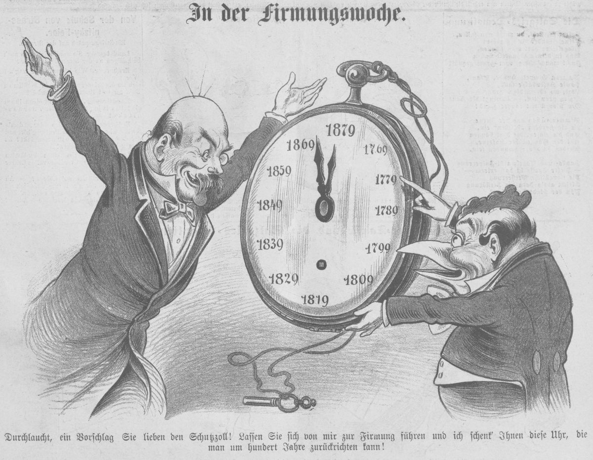 SicTransitPest's tweet photo. Obscure Austrian Catholic joke about Bismarck’s 1879 tariffs: You’ll love them, they come with this gift watch that let’s you turn back the clock a hundred years!
(Kikeriki, Vienna, 1879) https://t.co/fBLIYFw5Pe