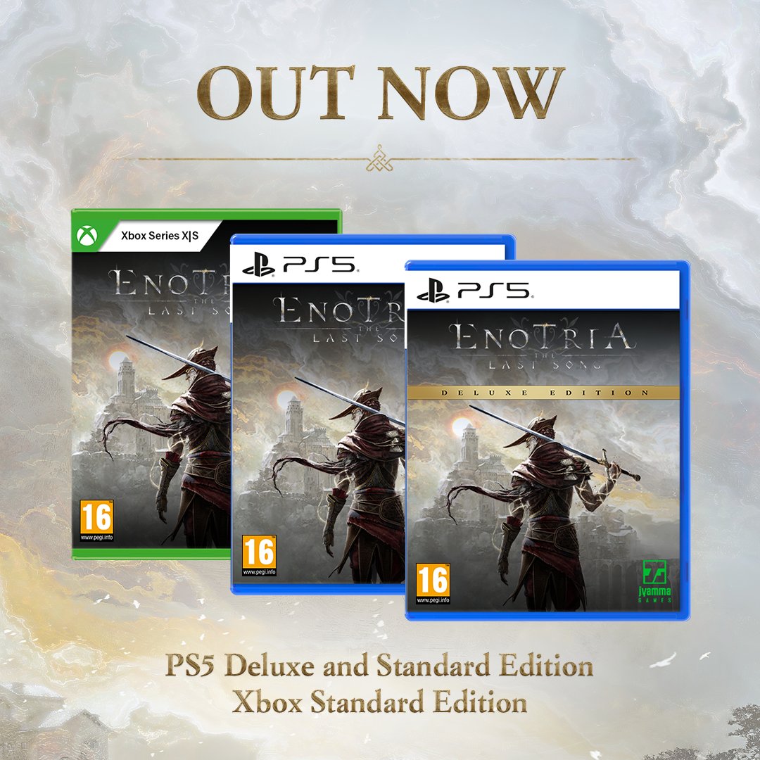 Enotria: The Last Song has launched physically on Xbox Series X and PlayStation 5! ⚔️

Step into a sun-lit soulslike adventure set in a stunning world filled with danger. You can also grab the PS5 Deluxe Edition for bonus goodies!
@EnotriaGame