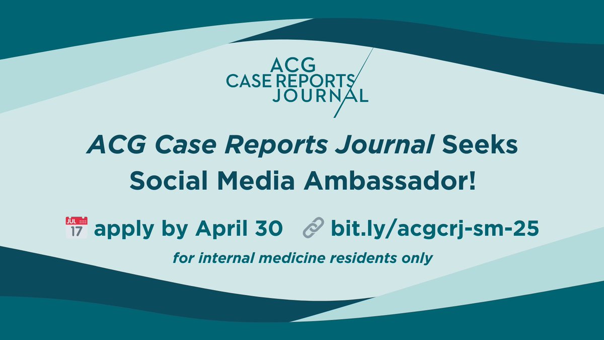 ACGCRJ (@acgcrj) on Twitter photo 📢Attn #IMresidents:
Don't miss your opportunity to be the 2025-2026 Social Media Ambassador for ACG Case Reports Journal! Work w/ the Editorial Board to share ACGCRJ cases & podcasts
📅Apply by April 30
🔗bit.ly/acgcrj-sm-25
<a href="/PrateekHarne1/">Prateek Harne MBBS, MD</a> <a href="/NadeemYousafMD/">Nadeem Yousaf</a> <a href="/Inside_TheMatch/">Inside The Match</a> 📢Attn #IMresidents:
Don't miss your opportunity to be the 2025-2026 Social Media Ambassador for ACG Case Reports Journal! Work w/ the Editorial Board to share ACGCRJ cases & podcasts
📅Apply by April 30
🔗bit.ly/acgcrj-sm-25
<a href="/PrateekHarne1/">Prateek Harne MBBS, MD</a> <a href="/NadeemYousafMD/">Nadeem Yousaf</a> <a href="/Inside_TheMatch/">Inside The Match</a>