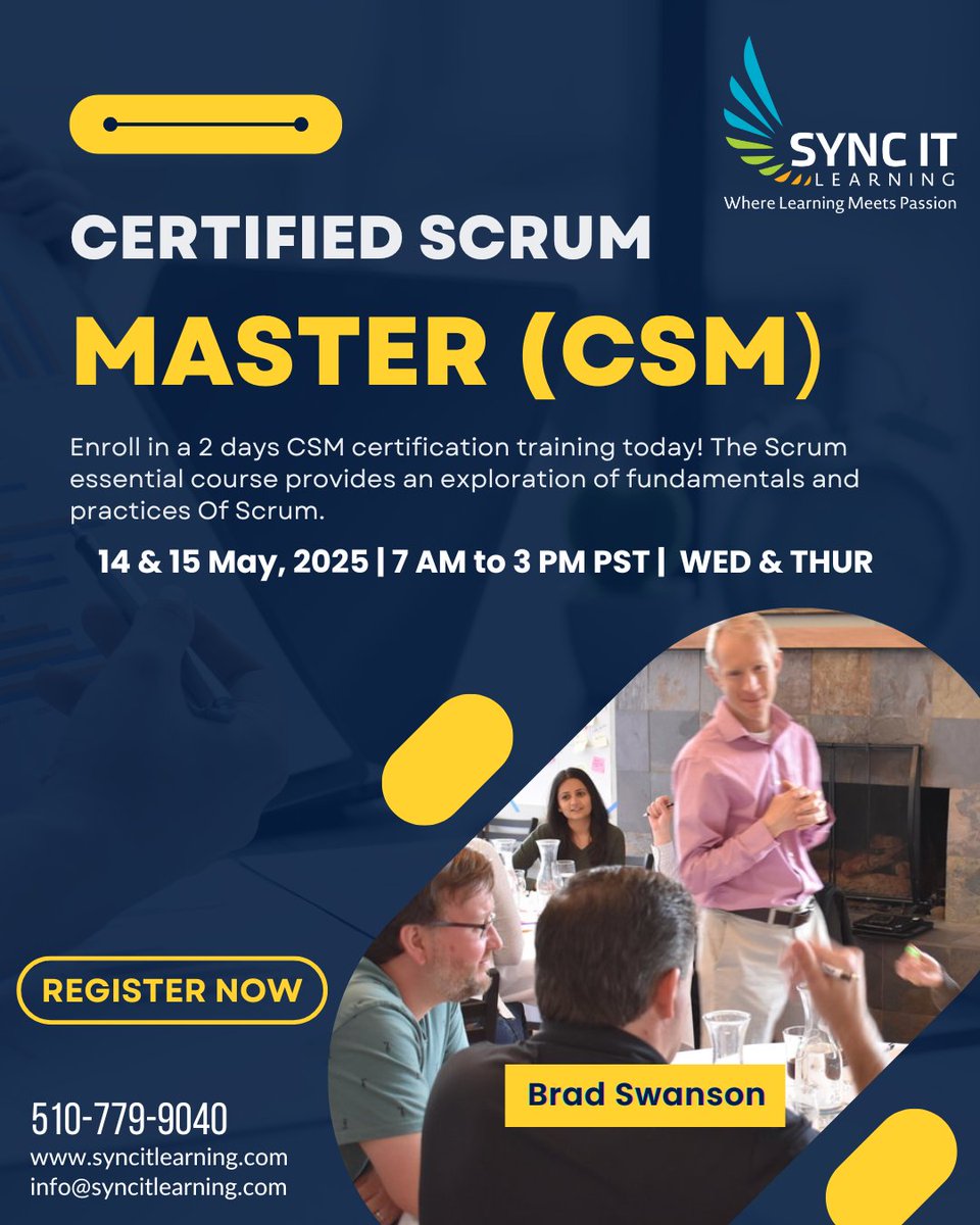 syncitlearning's tweet image. Join Brad Swanson, a globally recognized Agile Coach, for an immersive 2-day live online training on May 14th &amp;amp; 15th, 2025 — exclusively with Sync IT Learning.

🎓 Get certified. Get ahead.
📅 Register Now!

#CertifiedScrumMaster #CSMTraining #BradSwanson #AgileLeadership