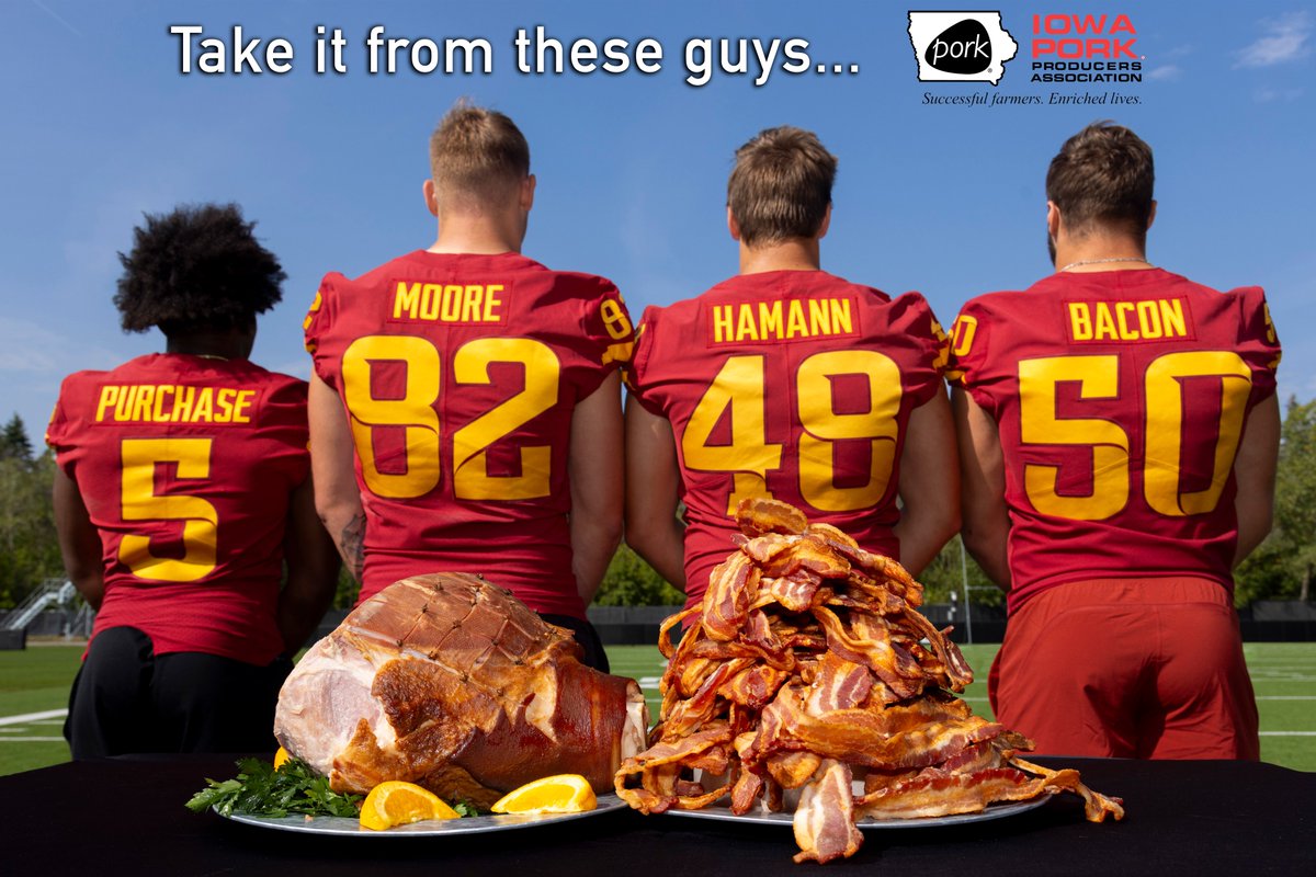 IowaPork's tweet photo. Elated 'Purchase Moore Hamann Bacon' was named Grand Champion & Best of Show at the 2025 Best of @officialNAMA Awards this week. This fun partnership with @CycloneFB student-athletes promoted pork in a positive way & provided 50,000 servings to food pantries! #cyclones #eatpork https://t.co/PSUozjtJvP