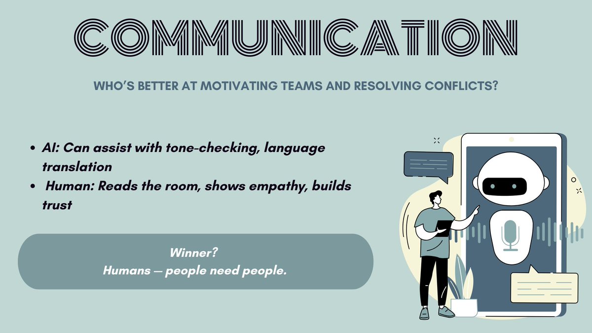 1962_ispi's tweet photo. 🤖+🧠 Who does it better at work — AI or Humans?
 It’s not a competition. It’s a collaboration.
From data analysis to decision-making, automation to empathy — AI and humans bring unique strengths to the workplace. When they team up, performance reaches a whole new level. 💼✨ https://t.co/gh7n87Tlo4