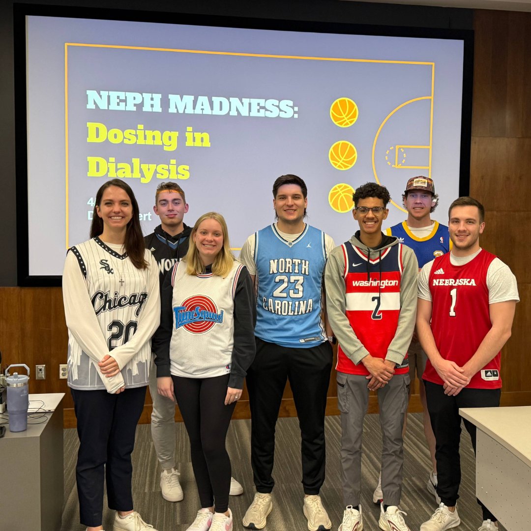 UNMC COP (@unmccop) on Twitter photo Inspired by <a href="/AJKDonline/">AJKD</a>'s annual <a href="/NephMadness/">NephMadness</a> tournament, our very own #Hoosier <a href="/ChelseaHuppert/">Chelsea Huppert, PharmD, BCACP</a> taught our P2s #CKD using #basketball themed lectures and patient cases in the #pharmacotherapy sequence. The students were go engaged joining Dr. Huppert in wearing their jerseys! Inspired by <a href="/AJKDonline/">AJKD</a>'s annual <a href="/NephMadness/">NephMadness</a> tournament, our very own #Hoosier <a href="/ChelseaHuppert/">Chelsea Huppert, PharmD, BCACP</a> taught our P2s #CKD using #basketball themed lectures and patient cases in the #pharmacotherapy sequence. The students were go engaged joining Dr. Huppert in wearing their jerseys!