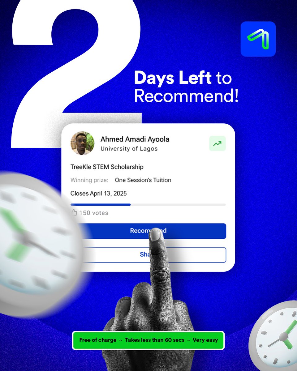 Treekleng's tweet photo. Only 2 days left to recommend a student for the STEM Scholarship!⏳Your support could make all the difference. Click now to submit a recommendation!
🔗https://t.co/ySOEAJFqeT
#STEM #STEMscholarship #GrowWithTreeKle #Supportthatkeepsyoumoving #SupportSTEM #FutureScholars https://t.co/4GkqlhEdaV