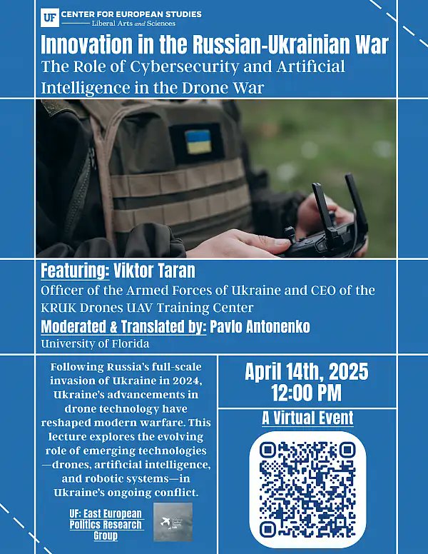 fins_uf's tweet photo. Join @fins_uf &amp; @vics_lab this Monday 4/14 at 12 PM for their speaker series with speaker Viktor Tran, Ukrainian Armed Forces Officer &amp; CEO of KRUK Drones. Learn how #Cybersecurity &amp; #AI are shaping drone warfare. 

Register here: https://t.co/alxTGwQ6AF https://t.co/j8VjkwGECw