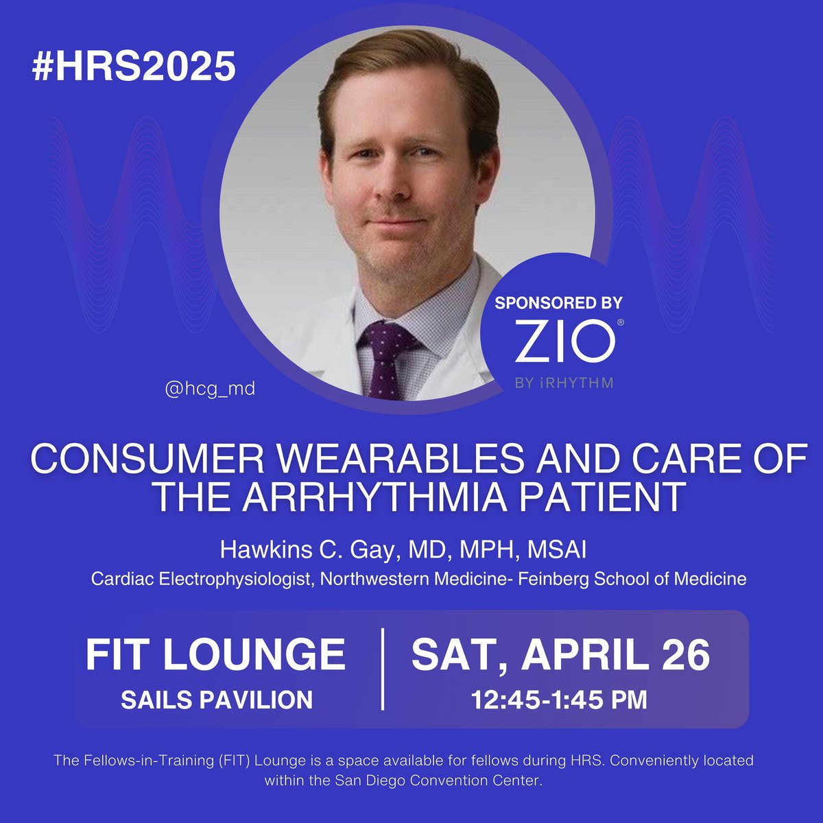 Make sure to stop by the #FIT lounge at #HRS2025 for great educational content! 

Excited to discuss the pros and cons of consumer #wearable #tech utilization when caring for patients with cardiac arrhythmias. 

#EPeeps
<a href="/HRSonline/">Heart Rhythm Society</a> 
<a href="/experienceHRX/">HRX</a> 
<a href="/iRhythmTech/">iRhythm Technologies</a>