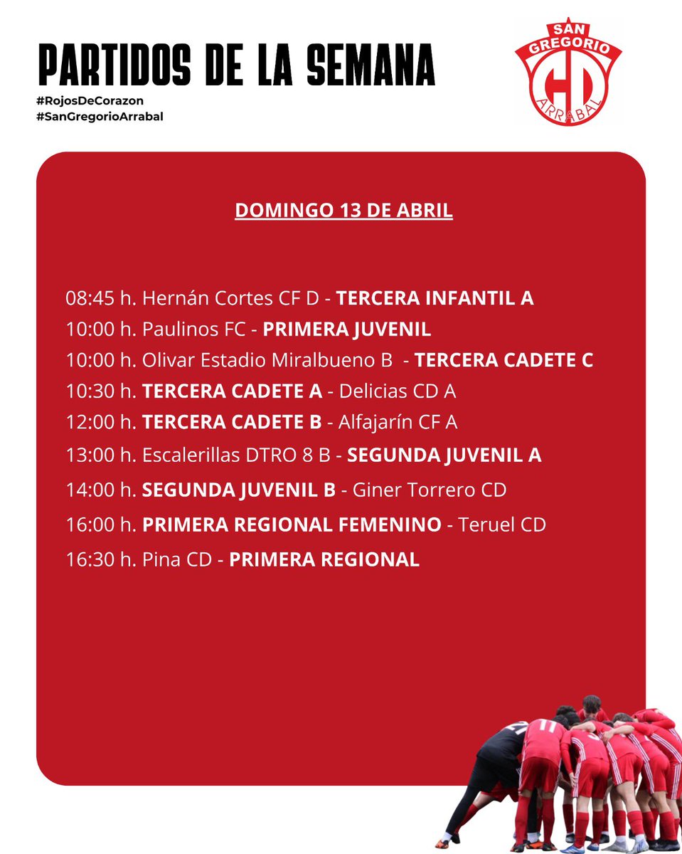 Horarios de nuestros equipos para un fin de semana apasionante, en el que el Segunda Cadete y Tercera Regional pueden consumar un ascenso.
𝗩𝗔𝗠𝗢𝗦 𝗥𝗢𝗝𝗢𝗦! 📷
#RojosDeCorazoneCorazon
#sangregorioarrabal