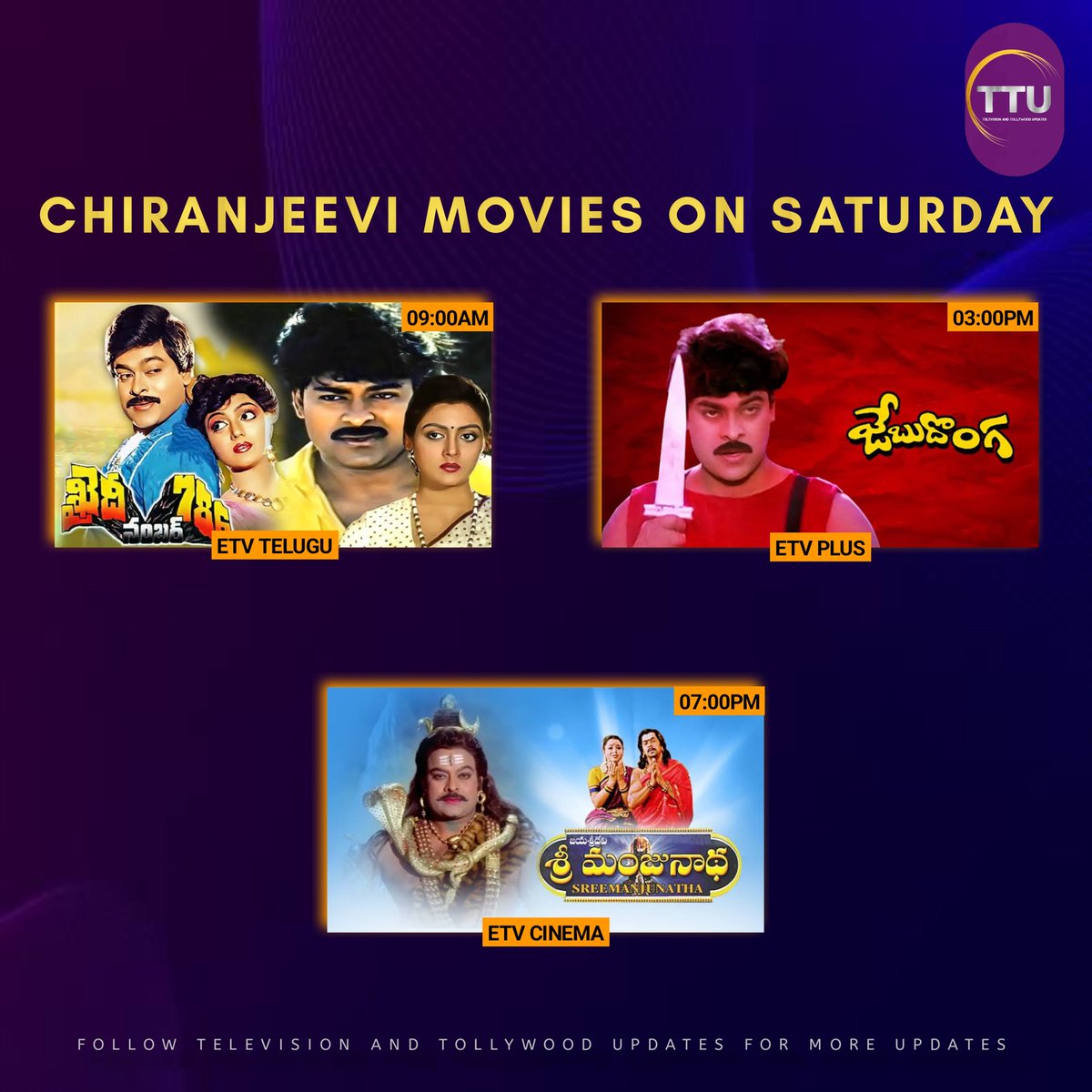 TTUpdates360's tweet photo. Megastar #Chiranjeevi Movies on Saturday
#KhaidiNl786 #JebuDonga #SriManjunatha #ArjunSarja #Vishambhara #Mega157 https://t.co/JsRDZqTQ1B