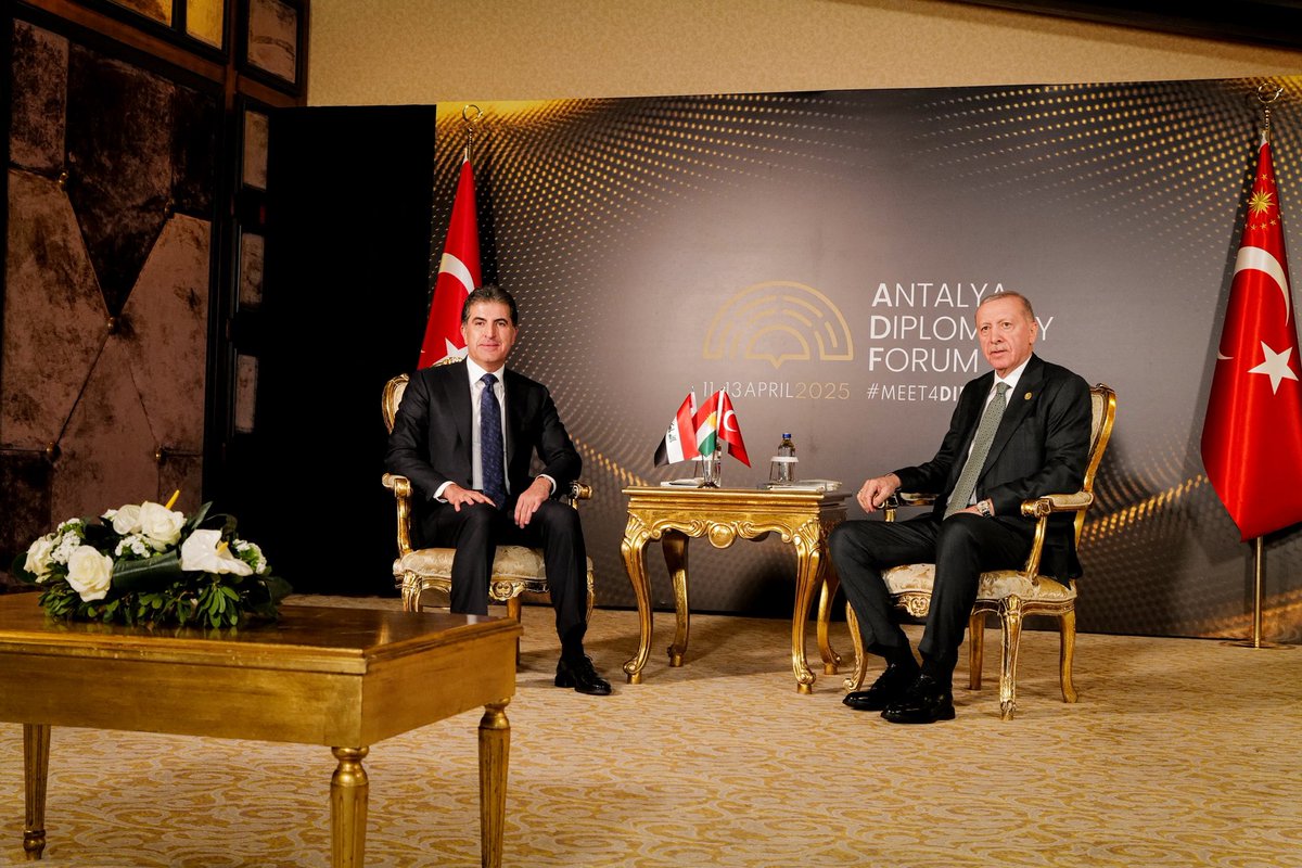 IKRPresident's tweet photo. I had a very productive meeting with President @RTErdogan in Antalya. 

I reiterated the importance of reviving the peace process in Türkiye as a path toward stability and lasting peace. I emphasized this historic opportunity must be seized, and the PKK must respond positively to Mr. Öcalan’s call. 

We also discussed President Erdogan’s recent meeting with the DEM Party delegation and its significance for dialogue and peace.
