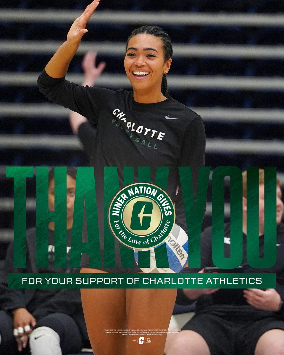 CharlotteWVB's tweet photo. THANK YOU, Niner Nation! 💚🏐
Your support during #NinerNationGives powers every serve, every spike, and every set we battle through. Because of you, we compete with pride and purpose — on and off the court.
Together, we rise. 🤙
#GoldStandard⛏️ x #FTLOC https://t.co/iG1PYCspxf