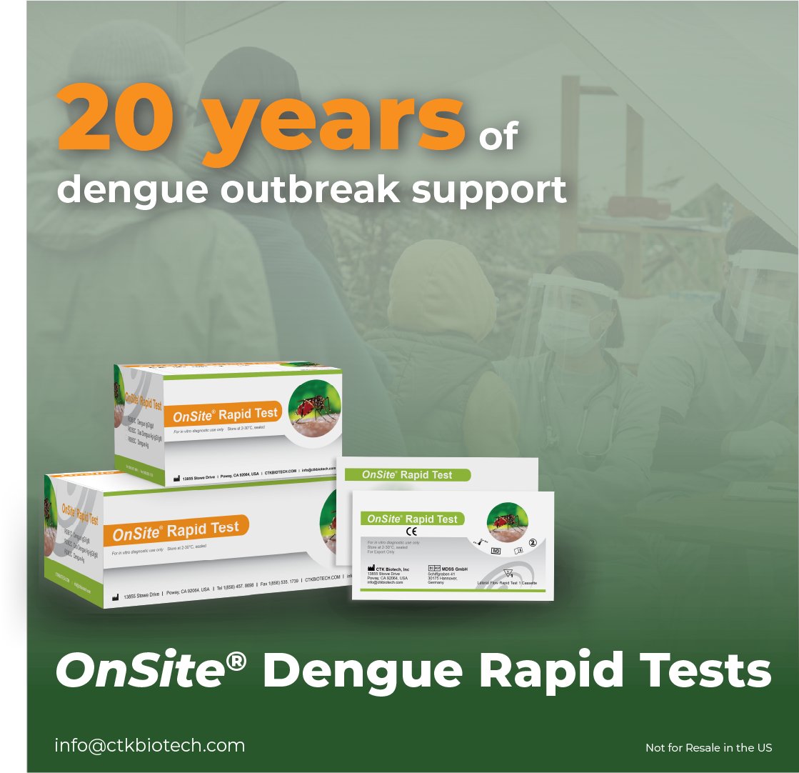 CTK_Biotech's tweet photo. Backed by 20 years of use in clinical and emergency settings worldwide, OnSite® Dengue Rapid Tests offer outbreak response teams reliable detection tools supporting patient and disease management efforts.

Learn more: https://t.co/X6WDTZSAns https://t.co/k6w6LMkmet
