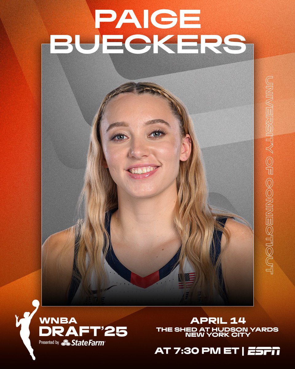 WNBA's tweet photo. From Storrs, CT to @TheShedNY 🗽

Paige Bueckers is officially invited to the 2025 #WNBADraft presented by @StateFarm.

📺 Tune in April 14 at 7:30pm/ET on @ESPN to see where her next chapter begins! https://t.co/8SrPQPYv6t