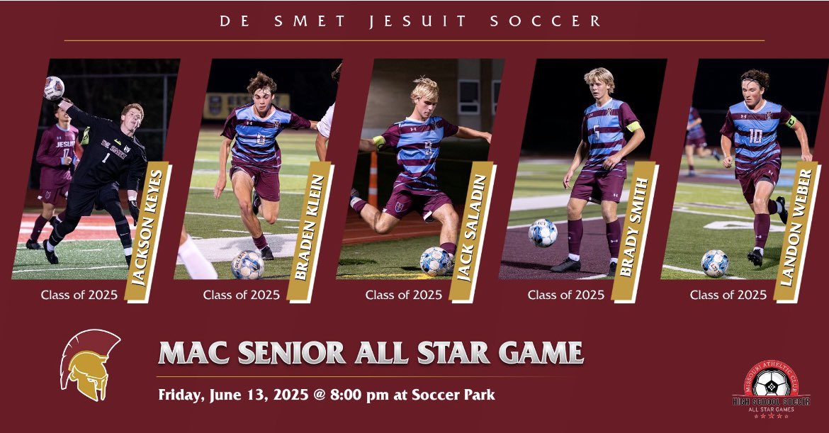 DeSmetSoccer's tweet image. Congratulations to Jackson Keyes, Braden Klein, Jack Saladin, Brady Smith, and Landon Weber on their selection to the 2025 MAC Senior All Star Game! They join an all-star group of recent alumni – Panagos, Werner, Walbert, Grewe, Roschke, Schoemehl, Redmond, &amp;amp; Wilhelm #allin