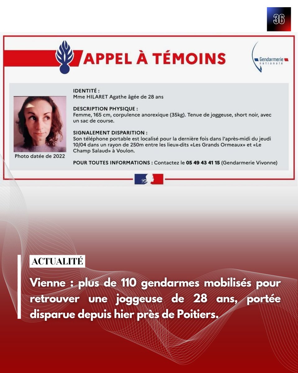 36_qdo's tweet photo. 🔴 APPEL À TÉMOINS | Vienne : plus de 110 gendarmes mobilisés pour retrouver une joggeuse de 28 ans, portée disparue depuis hier près de Poitiers.

⚖️ Une enquête pour "disparition inquiétante" est ouverte. https://t.co/prgUEJWEbT