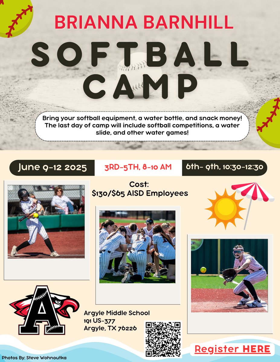 ArgyleSoftball's tweet photo. Save the date for our 2025 SOFTBALL CAMP🥎❤️🦅 June 9th-12th. View details below and register EARLY to ensure your athlete gets a camp shirt! Come join the fun!

https://t.co/qYg9zJ5uy3 https://t.co/WlB0clF2Di