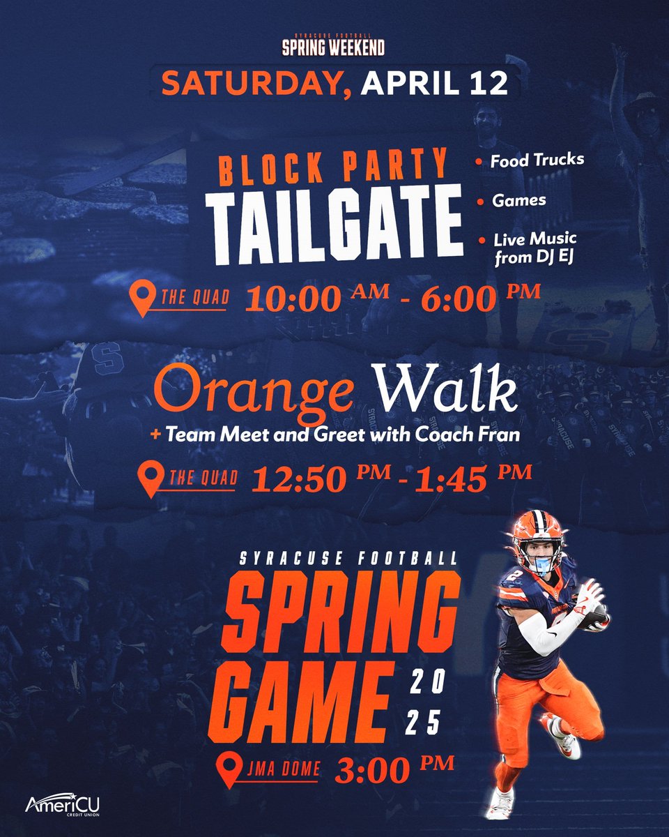 'Cuse Promos (@cusepromos) on Twitter photo Your Saturday plans = set π
Tailgate on the Quad, meet the team and Coach Fran, then pack the Dome for <a href="/CuseFootball/">Syracuse Football</a>'s AmeriCU spring game at 3 pm! Don't miss it! ππ
Claim Tickets: am.ticketmaster.com/syracuse/buy/2β¦ Your Saturday plans = set π
Tailgate on the Quad, meet the team and Coach Fran, then pack the Dome for <a href="/CuseFootball/">Syracuse Football</a>'s AmeriCU spring game at 3 pm! Don't miss it! ππ
Claim Tickets: am.ticketmaster.com/syracuse/buy/2β¦