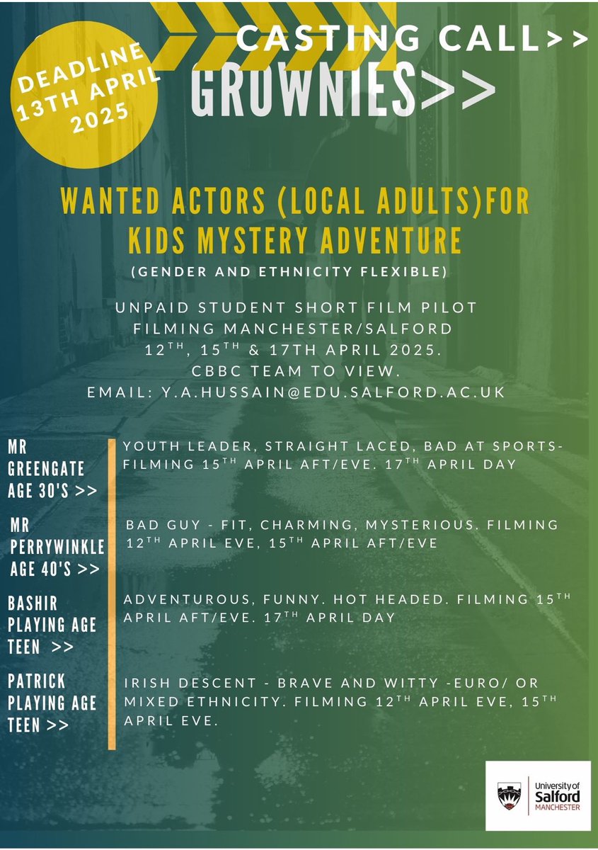 yazkehani's tweet photo. Urgent final casting call actors (local adults) casting for a kids adventure pilot. Manchester/Salford based. Details in poster.

#actors #production #drama #film #manchester #salford #casting #studentfilm https://t.co/EbZNrkcqq7