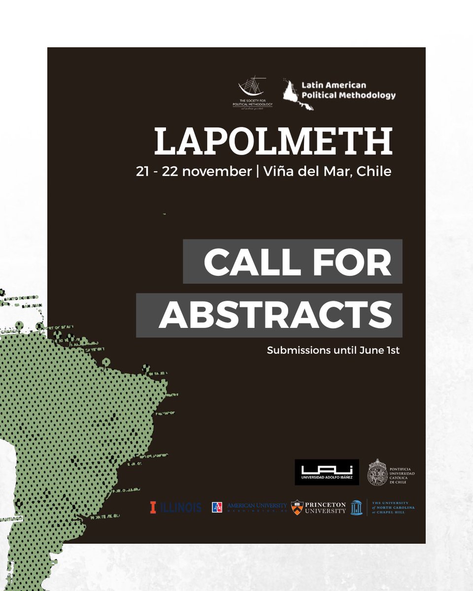 LAPolMeth (@lapolmeth) on Twitter photo The 9th edition of #LAPolMeth is accepting abstract submissions <a href="/PolMethSociety/">Political Methodology</a>
📆 November 21-22, 2025
📍 <a href="/UAI_CL/">UAI</a> Viña del Mar, Chile.
Additional activities at <a href="/uc_chile/">UC Chile -Pontificia Universidad Católica de Chile</a>, Santiago.
Deadline: June 1st
Application: cambridge.org/core/membershi…
More: lapolmeth.info/uai-puc2025/ The 9th edition of #LAPolMeth is accepting abstract submissions <a href="/PolMethSociety/">Political Methodology</a>
📆 November 21-22, 2025
📍 <a href="/UAI_CL/">UAI</a> Viña del Mar, Chile.
Additional activities at <a href="/uc_chile/">UC Chile -Pontificia Universidad Católica de Chile</a>, Santiago.
Deadline: June 1st
Application: cambridge.org/core/membershi…
More: lapolmeth.info/uai-puc2025/