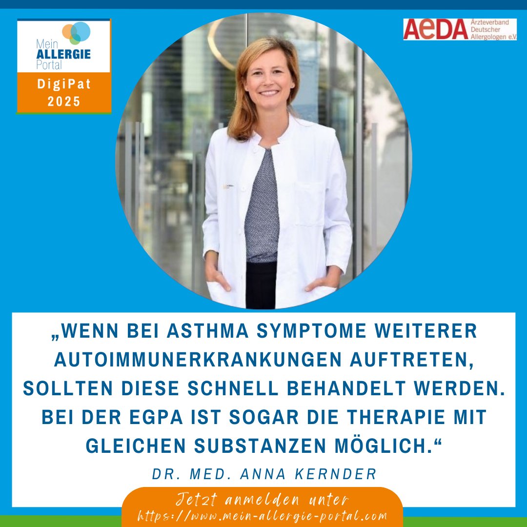 Asthma + Autoimmunerkrankung?
Dr. Anna Kernder zeigt, wie man EGPA erkennt, welche Therapien es gibt – und was man tun kann, wenn beides zusammen auftritt.
🗓️ 10. Mai 2025 | 🕘 10:00 Uhr
💻 Online &amp; kostenlos
🔗 mein-allergie-portal.com/digipat/3730-d…