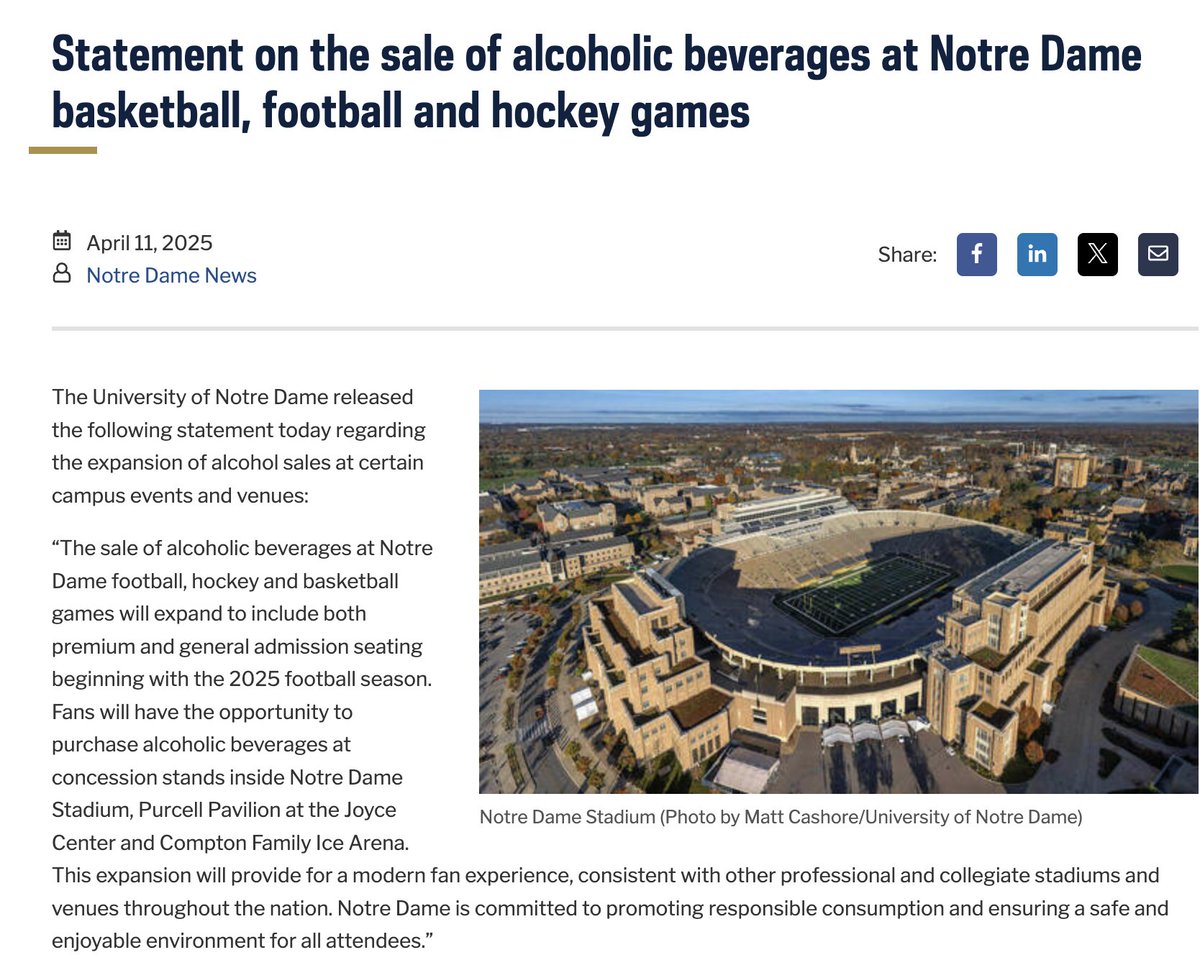 mattfreeman05_'s tweet image. “The sale of alcoholic beverages at Notre Dame football, hockey and basketball games will expand to include both premium and general admission seating beginning with the 2025 football season."