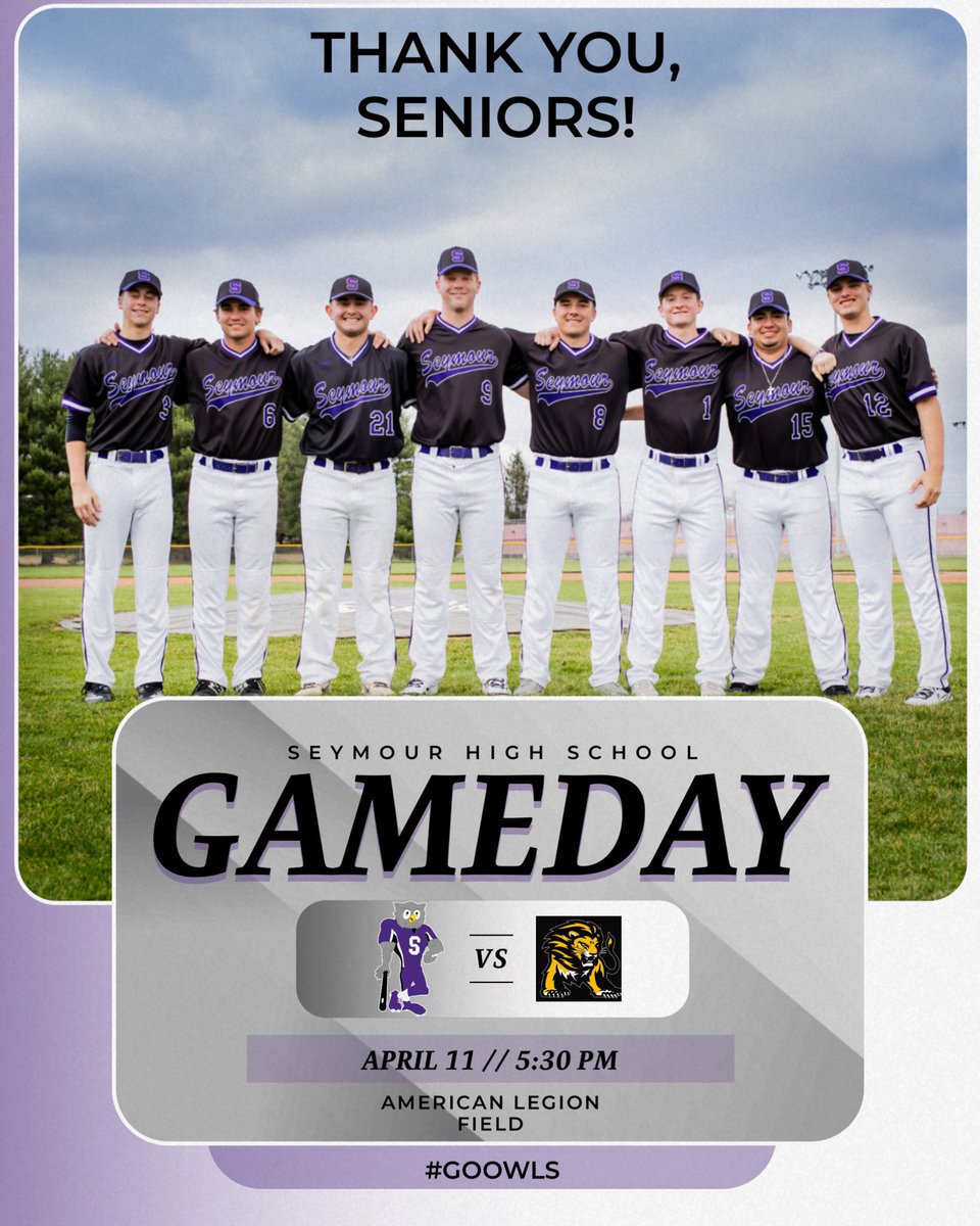 It’s Senior Night! Join us tonight to help thank Parker, Ross, Ty, Mikey, Braxton, Brady, Justin, and Braden for all that they’ve done for the program. 

🆚: Salem
🏟️: American Legion Field
⏰: 5:30 PM
👔: Alternate Hat, Purple Jersey, Purple Pants

#GoOwls 🦉