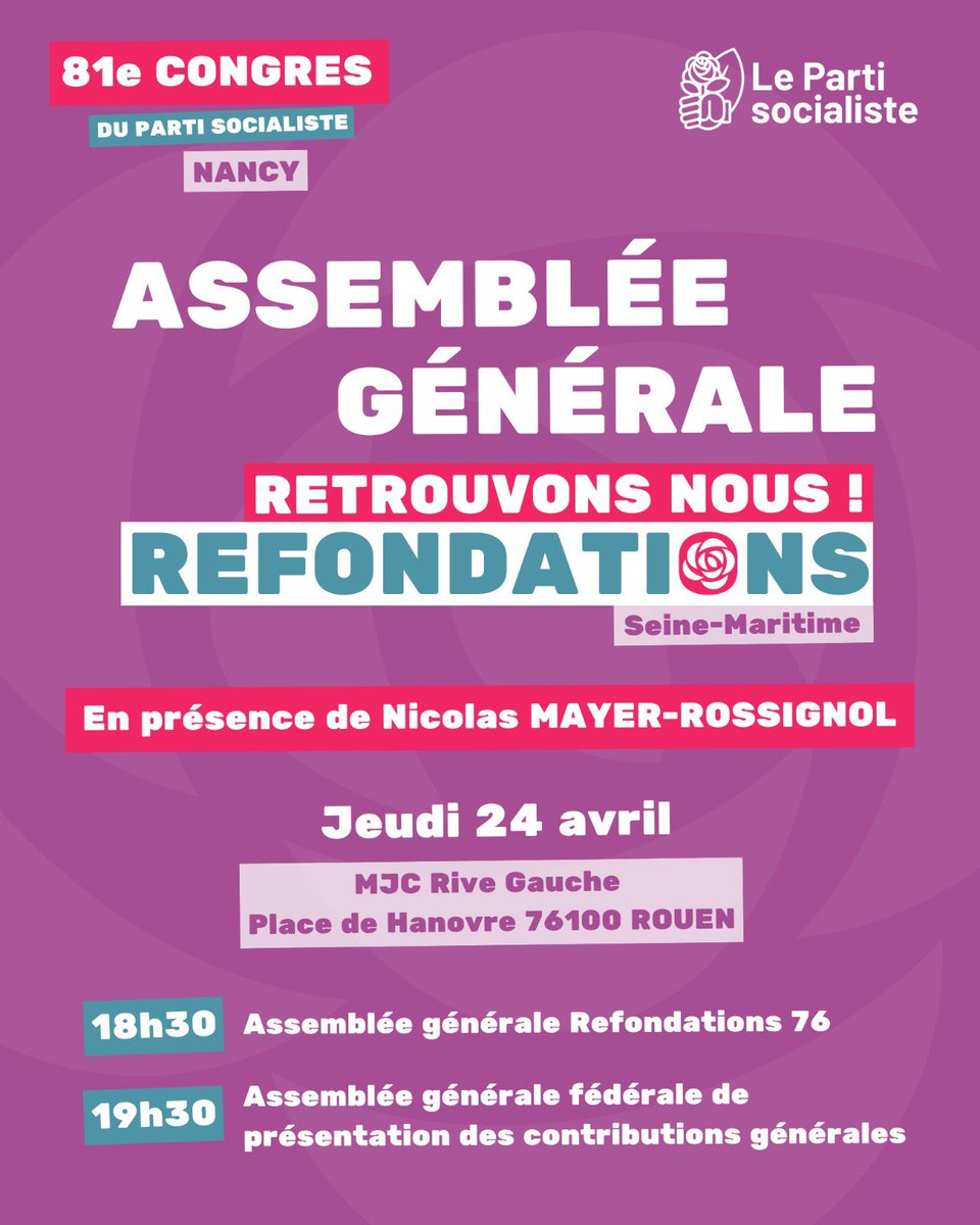 ChangerGagner76's tweet photo. Retrouvons-nous, le jeudi 24 avril, pour notre assemblée générale et pour l'assemblée générale de présentation des contributions de la fédération @76socialiste.

Un moment important en présence de @NicolasMayerNMR !

Pour s'inscrire ➡️ https://t.co/npI1YIIIvR https://t.co/YTKxIgewDN