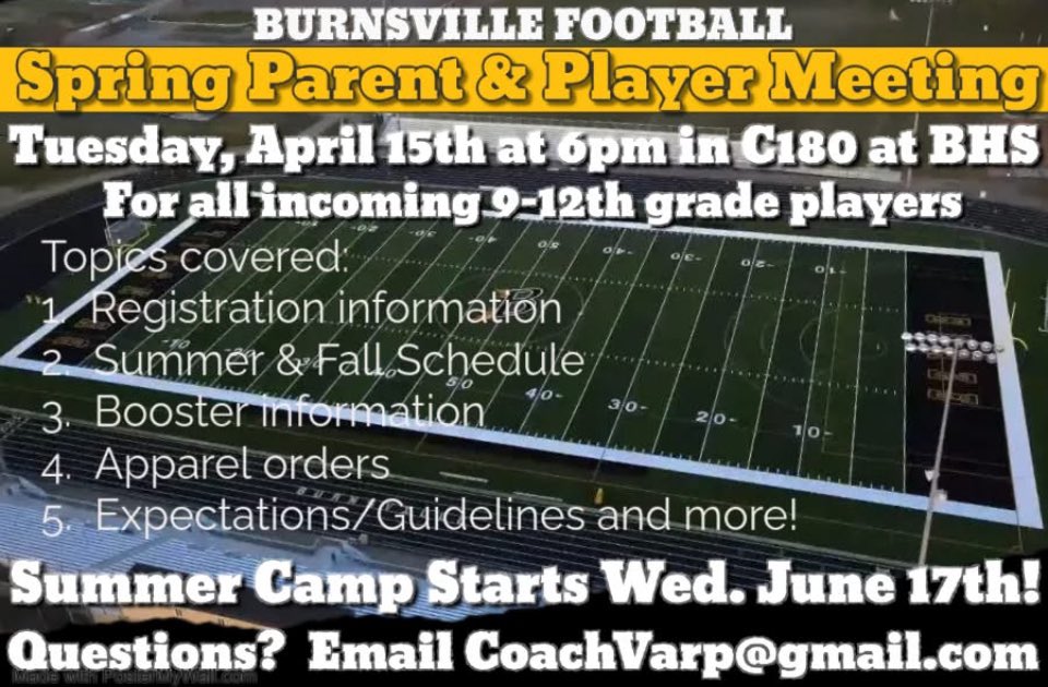 Burnsville Football (@burnsvilleblaze) on Twitter photo Reminder we have a parent meeting, player bonding and incoming 9th grade signing day this coming Tuesday at 6pm here at BHS in room C180. Bring a parent/guardian so we can get everyone the pertinent information for the season. <a href="/BurnsvilleHS/">Burnsville High School</a> <a href="/BurnsvilleSport/">BHS Athletics</a> <a href="/ISD191/">Burnsville-Eagan-Savage School District 191</a> Reminder we have a parent meeting, player bonding and incoming 9th grade signing day this coming Tuesday at 6pm here at BHS in room C180. Bring a parent/guardian so we can get everyone the pertinent information for the season. <a href="/BurnsvilleHS/">Burnsville High School</a> <a href="/BurnsvilleSport/">BHS Athletics</a> <a href="/ISD191/">Burnsville-Eagan-Savage School District 191</a>