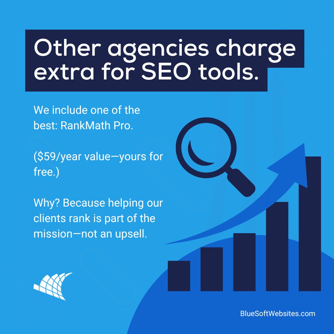 BlueSoftWeb's tweet photo. Other agencies charge extra for SEO tools.
We include one of the best: RankMath Pro.
($59/year value—yours for free.)

Why? Because helping our clients rank is part of the mission—not an upsell.

#NoUpsells #SEOIncluded #WebDesign #BlueSoftWebsites #MarketingDoneRight https://t.co/FKfj1XccxJ