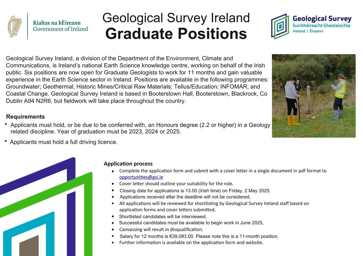 Geological Survey IE (@geolsurvie) on Twitter photo Geological Survey Ireland, a division of <a href="/Dept_ECC/">Dept. Environment, Climate and Communications</a> is pleased to announce the opening of the 2025 Graduate Geologists job competition. There are 6 positions, each of 11 months duration.
More info: gsi.ie/en-ie/events-a… Geological Survey Ireland, a division of <a href="/Dept_ECC/">Dept. Environment, Climate and Communications</a> is pleased to announce the opening of the 2025 Graduate Geologists job competition. There are 6 positions, each of 11 months duration.
More info: gsi.ie/en-ie/events-a…