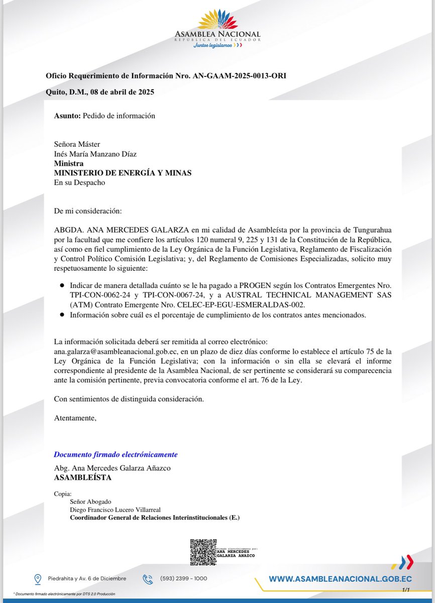 AnitaMGalarzaA's tweet photo. #ATENCION

JUGARON CON LA DESESPERACIÓN de la gente y se aprovecharon de la EMERGENCIA ELÉCTRICA 🚨

Los apagones fue el pretexto para un NEGOCIADO al más puro estilo de película de Hollywood “La Gran Estafa”.

Entregaron A DEDO, contratos emergentes por más de $239 millones entre PROGEN y ATM, empresas sin experiencia, y las cuales hasta el día de hoy no generan un solo megavatio al país, ya vencieron los plazos.

Les entregaron sin garantías el 70% del valor de cada contrato, han pasado más de 10 meses y el avance de la obra es deplorable, una farsa, NO HAY NADA, llegaron únicamente unos motores viejos “repotenciados” que valen la tercera parte de lo que se “compró”.

La improvisación de este gobierno en el tema de los apagones le costó la quiebra a muchos negocios, y la vida a muchos ecuatorianos! 

YA NO MÁS! 

He solicitado información al ministerio de energía y al de finanzas, para que aclaren esta situación, a pesar que ya tengo todos los documentos, y le siguen haciendo pagos a PROGEN.

NO HAY LA PLATA Y TAMPOCO LOS GENERADORES!
