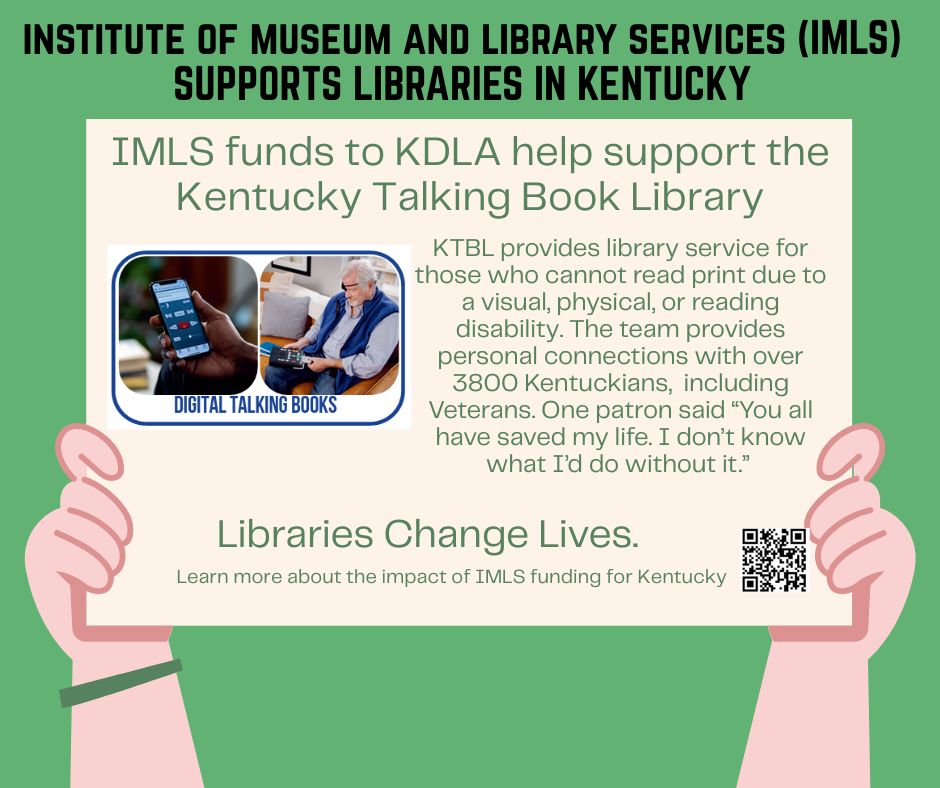The Kentucky Talking Book Library provides library services for those who cannot read print due to a visual, physical or reading disability.  One patron said, "You all have saved my life. I don't know what I'd do without it (talking books)."

#NationalLibraryWeek

<a href="/US_IMLS/">IMLS</a>