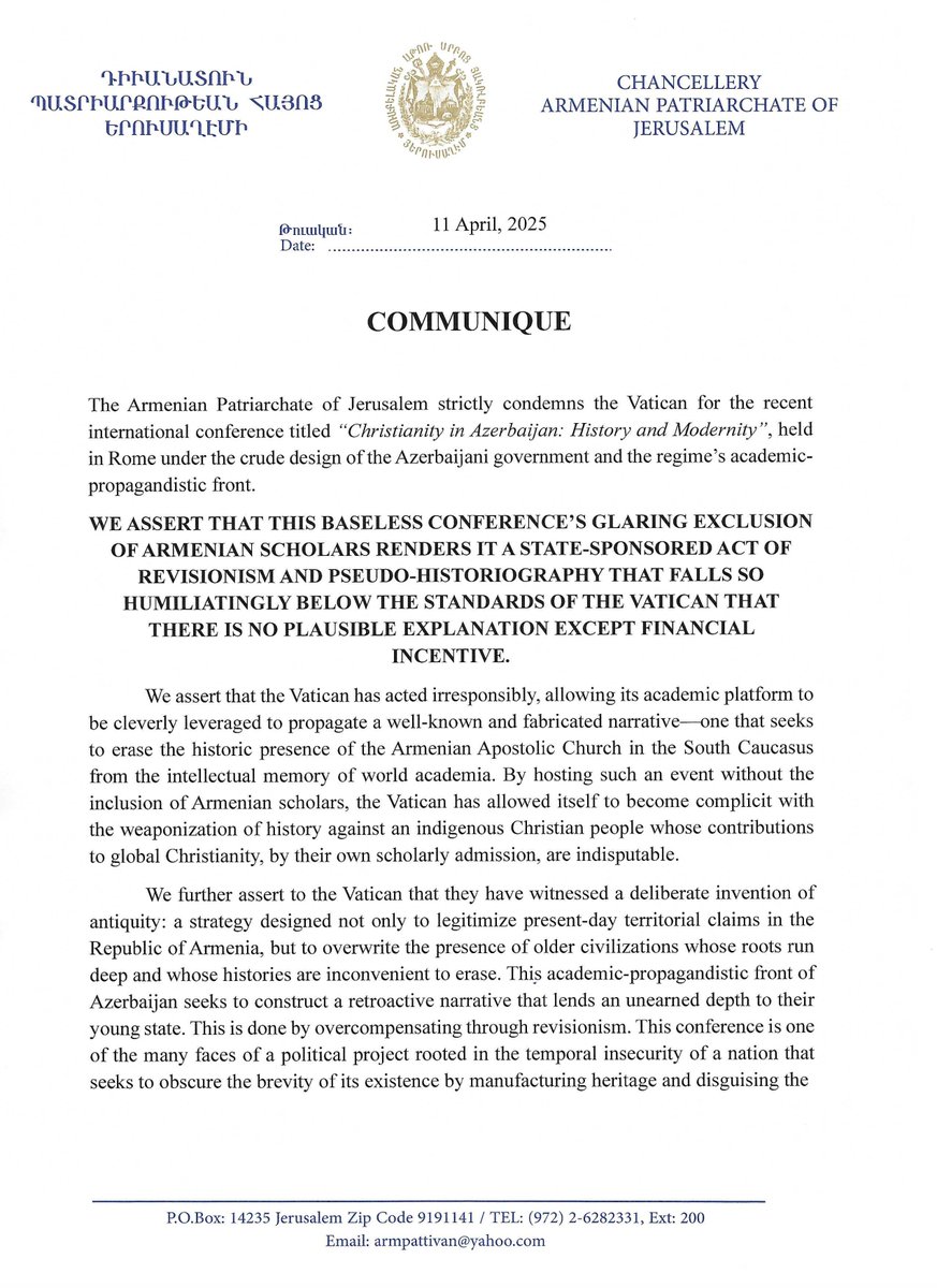 ArmenianQuarter's tweet photo. COMMUNIQUE ON THE VATICAN'S BASELESS AZERI-SPONSORED CONFERENCE https://t.co/THvCxjHykQ