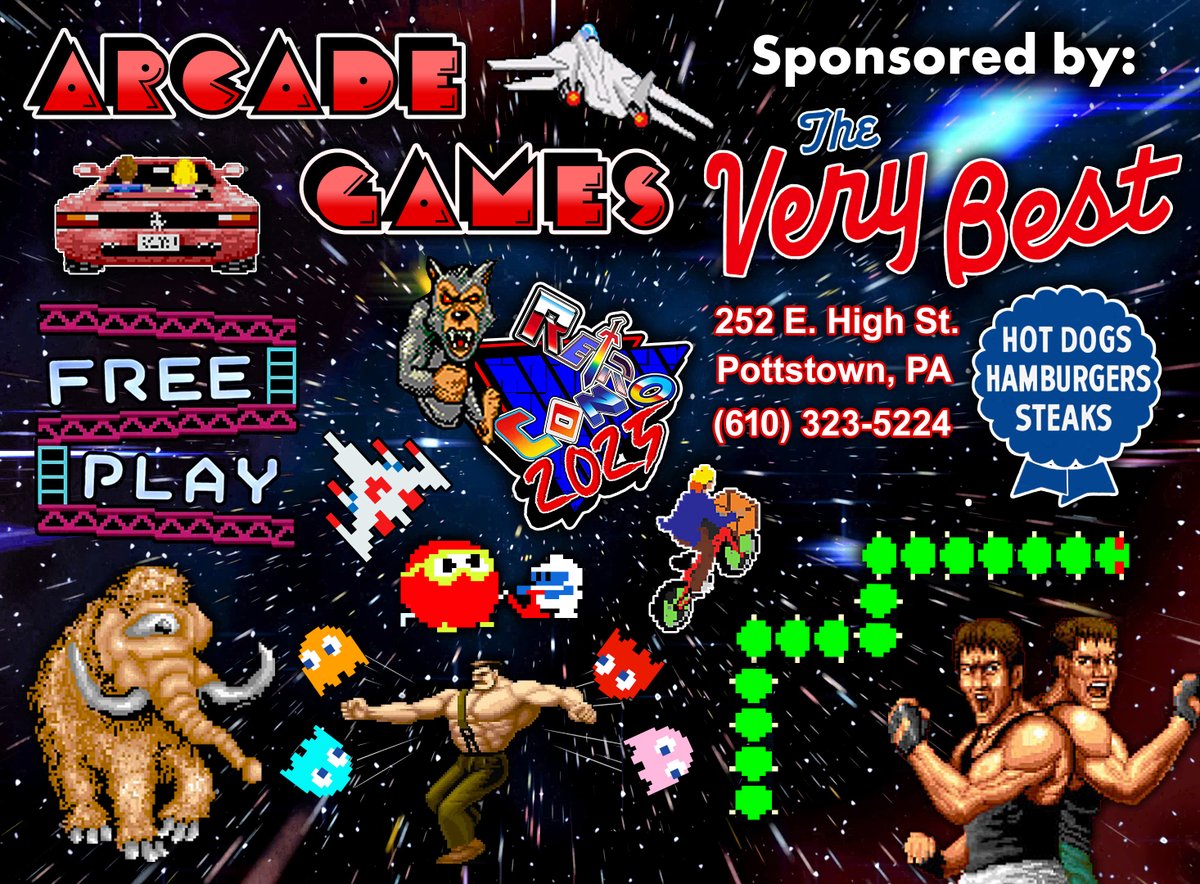 Our FREE PLAY arcade returns for Retro Con 2025! This year the arcade is sponsored by The Very Best restaurant in Pottstown, PA! They have hot dogs, burgers, steaks, fries, and a full arcade in back!

Check out their website here:

thenewverybest.com