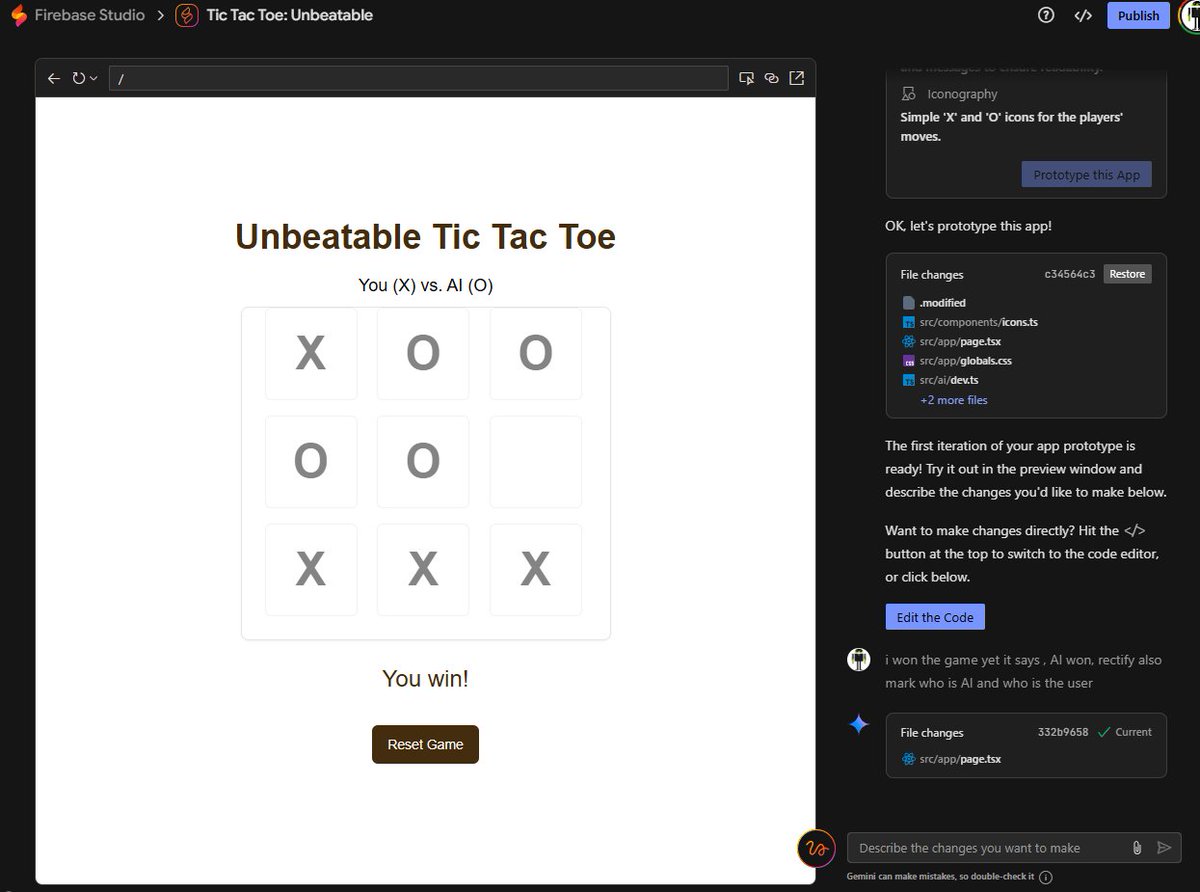 XavierEkka's tweet photo. I asked #FirebaseStudio to create an unbeatable Tic Tac Toe game... it lost in the very first round. Clearly, Firebase Studio needs a bit more funding—and maybe therapy. Anyway, I’m not giving up until it coughs up the app I deserve! . #google https://t.co/ynTsqFD7Ot
