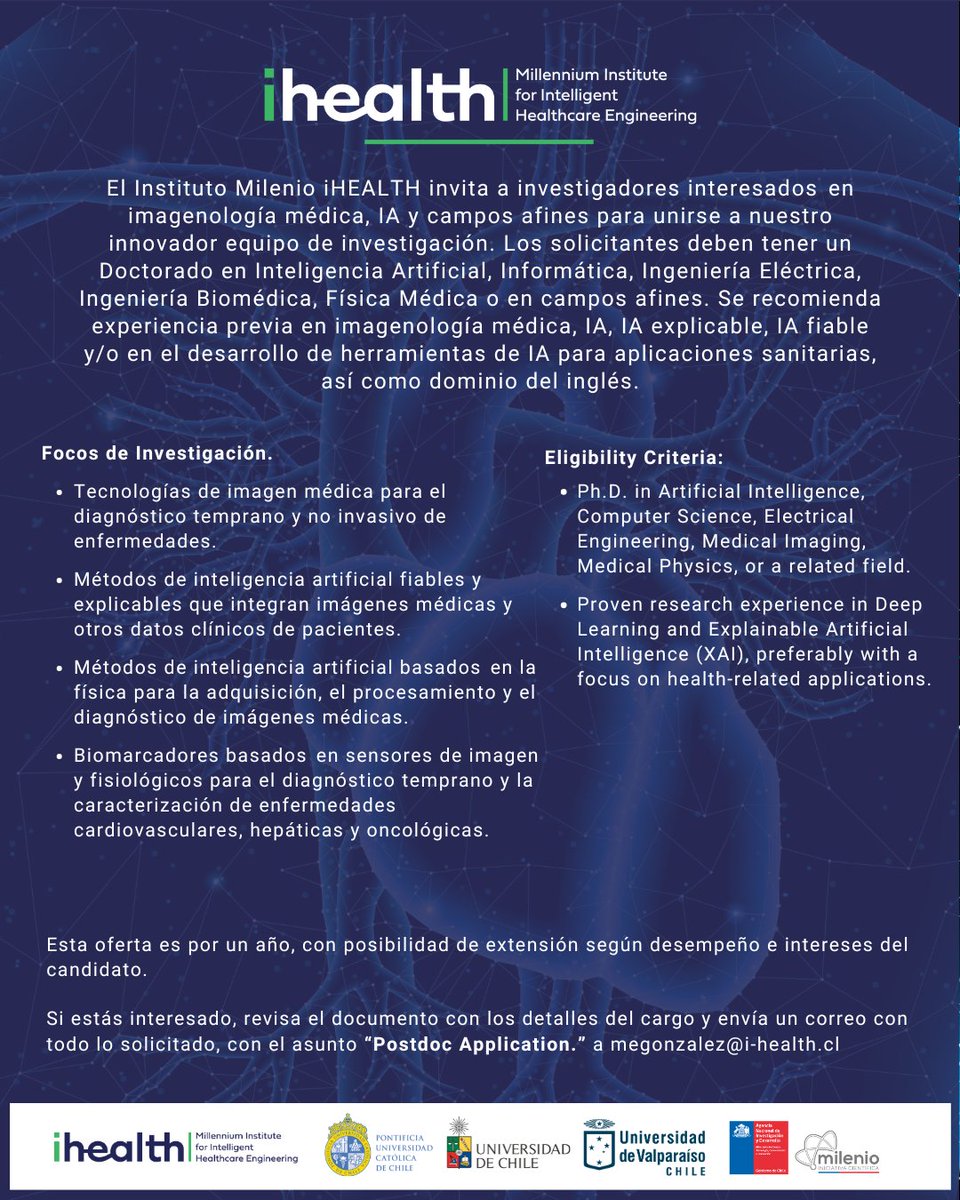 iHEALTH (@ihealthmilenio) on Twitter photo #OfertaLaboral 🚨
¿Tienes un PhD y buscas un #Postdoc en #salud e #IA?
Buscamos Investigador/a Postdoctoral para colaborar con nuestro innovador equipo de investigación en #imagenesmedicas e IA.
Revisa todos los detalles acá drive.google.com/file/d/1ZA-76x…
<a href="/CentrosAnid/">Centros ANID</a>
#Empleo #OfertaLaboral 🚨
¿Tienes un PhD y buscas un #Postdoc en #salud e #IA?
Buscamos Investigador/a Postdoctoral para colaborar con nuestro innovador equipo de investigación en #imagenesmedicas e IA.
Revisa todos los detalles acá drive.google.com/file/d/1ZA-76x…
<a href="/CentrosAnid/">Centros ANID</a>
#Empleo